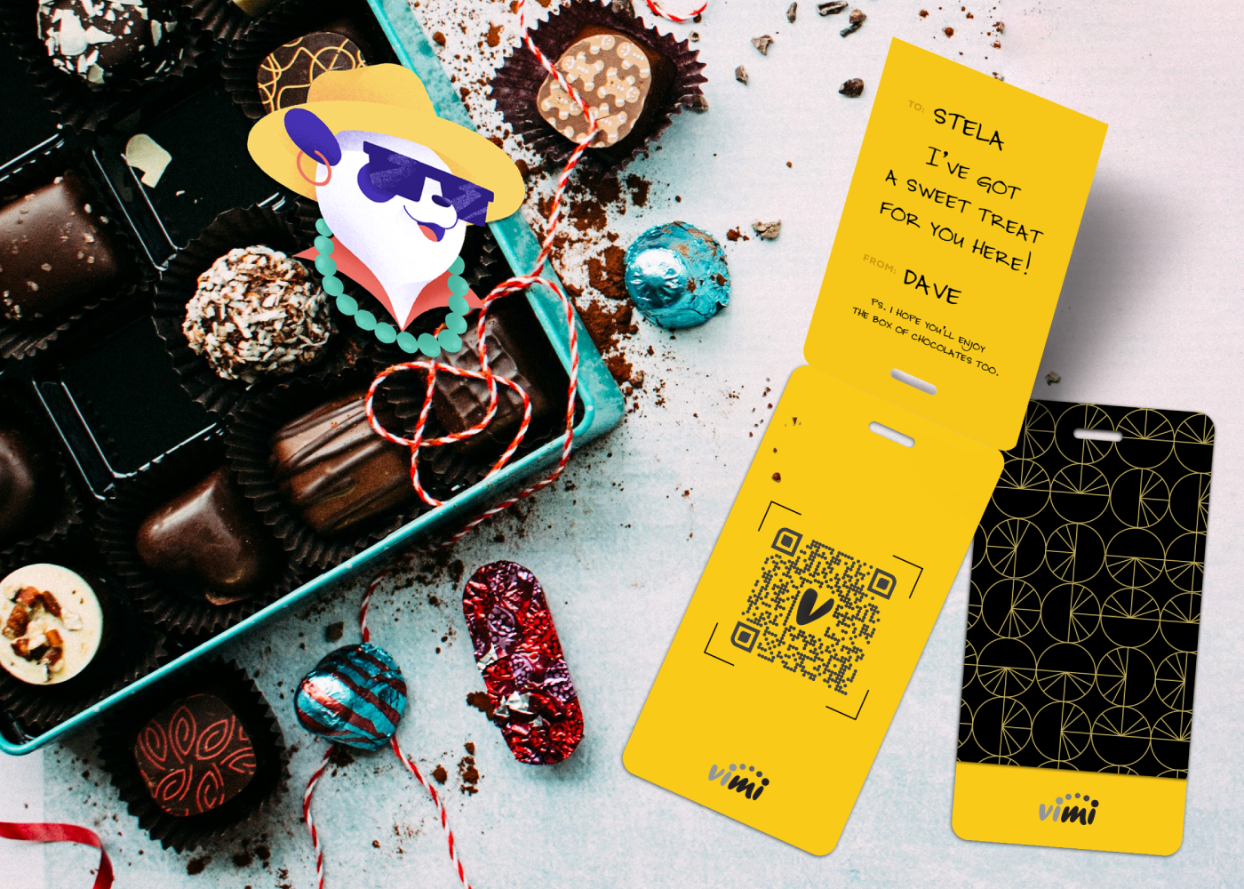 creative flatlay shot of box of chocolates with a gift tag and note 
