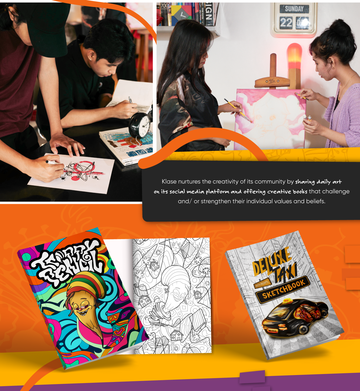 artists drawing with paper and pen, brush and canvas, fun colorful psychedelic book cover coloring book and a deluxe taxi sketchbook