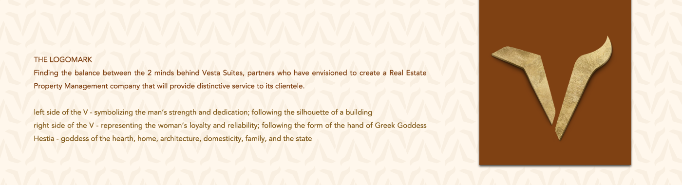 vesta suites logomark and pattern design with orange and gold
