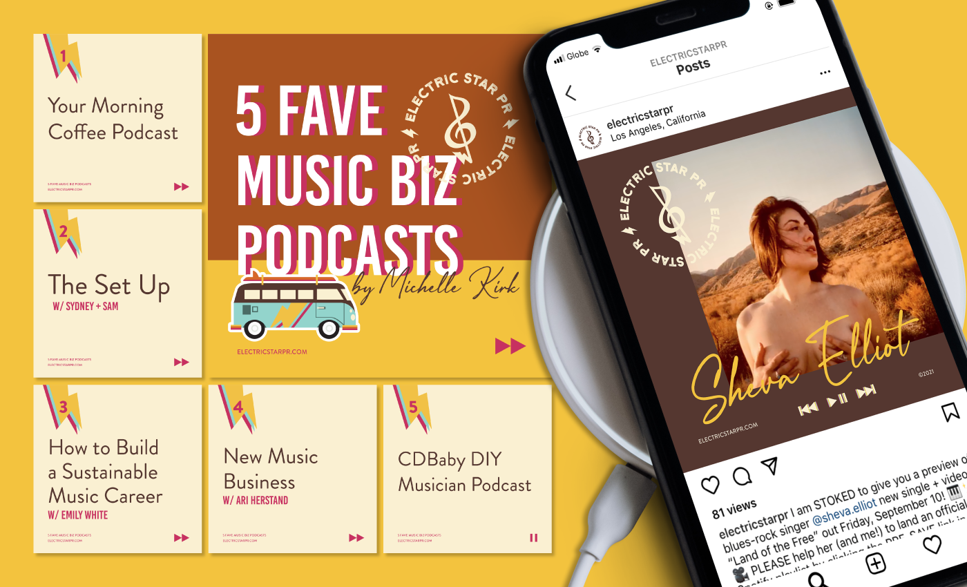electric star pr music marketing agency social media design templates for a colorful vibrant brand, with iphone mock-up of social media post, all in orange and yellow, teal and pink