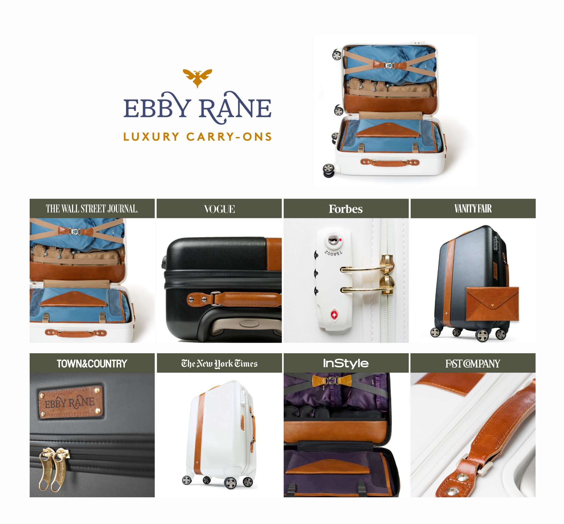 premium luxury carryon luggage bag ebby rane brand featured in publications like wall street journal, vogue, forbes, vanity fair, town&country, the new york times, instyle, fast company, featuring different features of the inside of the sophisticated elegant interior of the luggage
