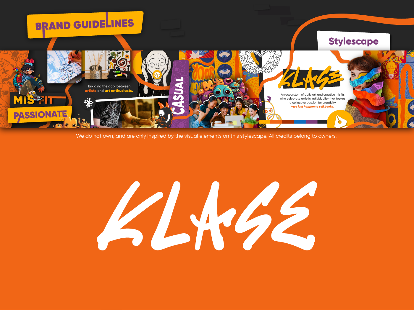 brand guidelines of klase, with fun and vibrant colorful, chaotic stylescape with doodles