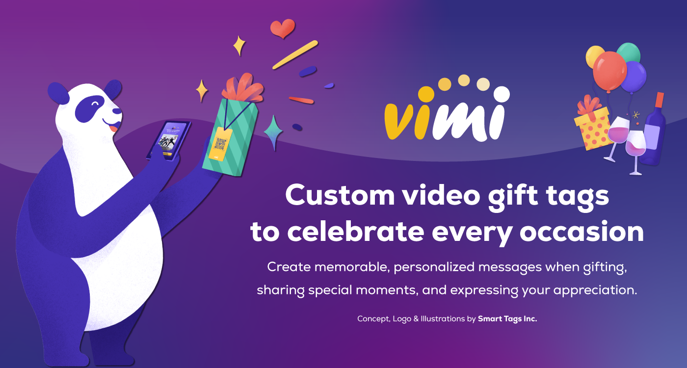 branding and design for a video gift tag brand with a panda mascot design and custom fun illustrative celebrate illustrations in purple and vibrant colors