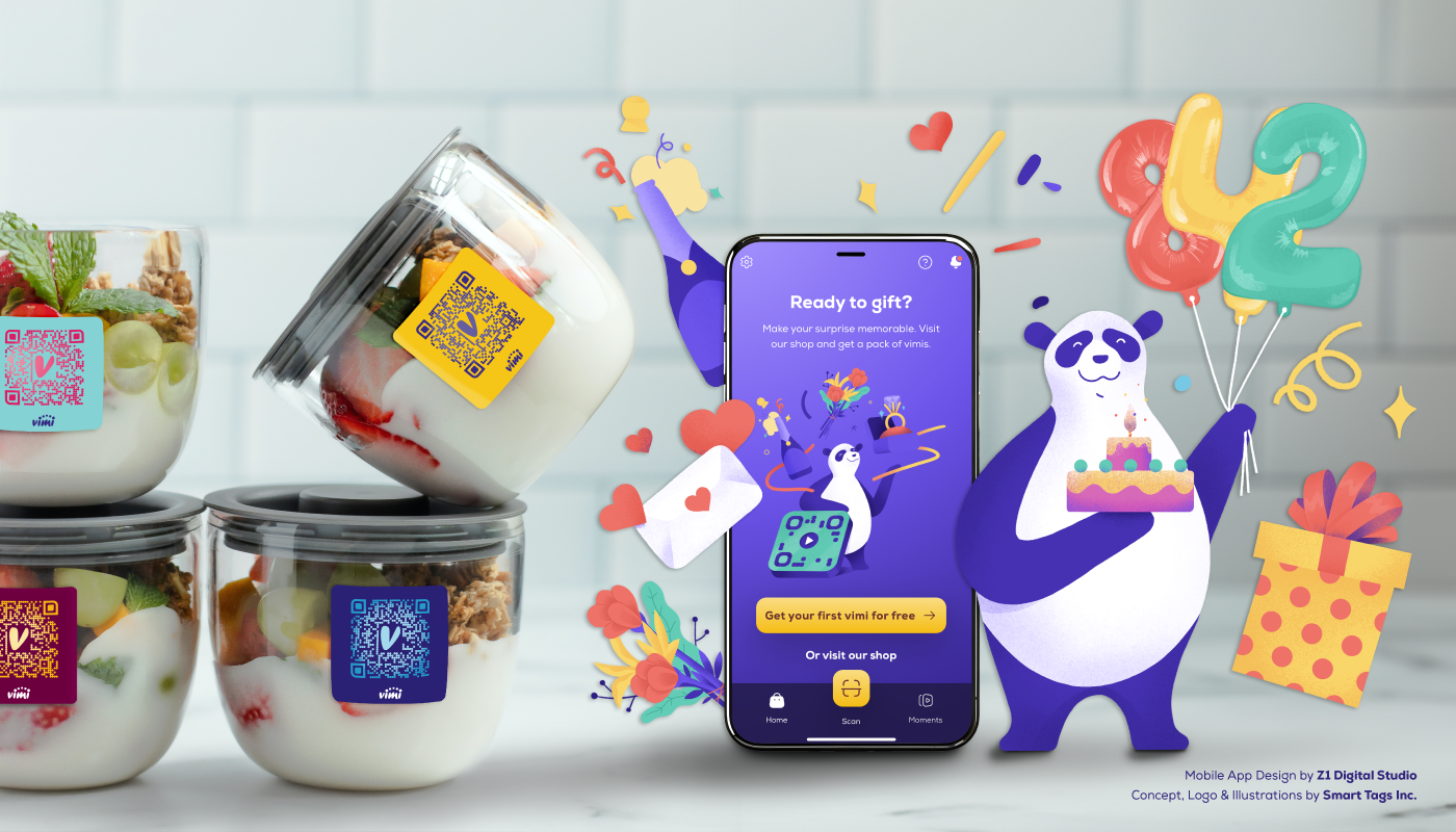 yogurt and fruits in a jar with colorful qr stickers, with a phone app mock-up and a panda mascot celebrating with balloons and gift box