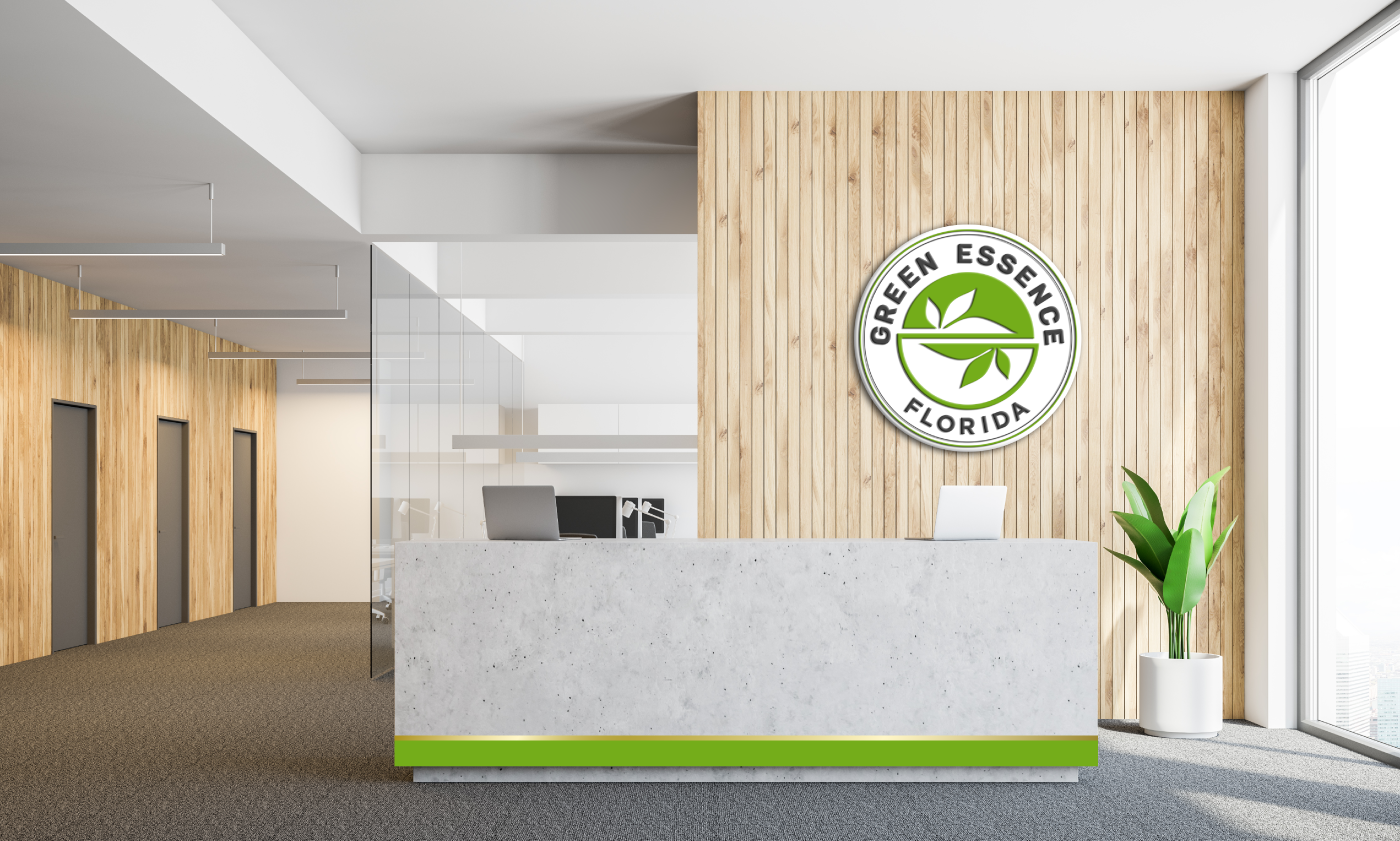 Indoor reception lobby of office, signage, clean and wide interiors, gray, white and wood accents