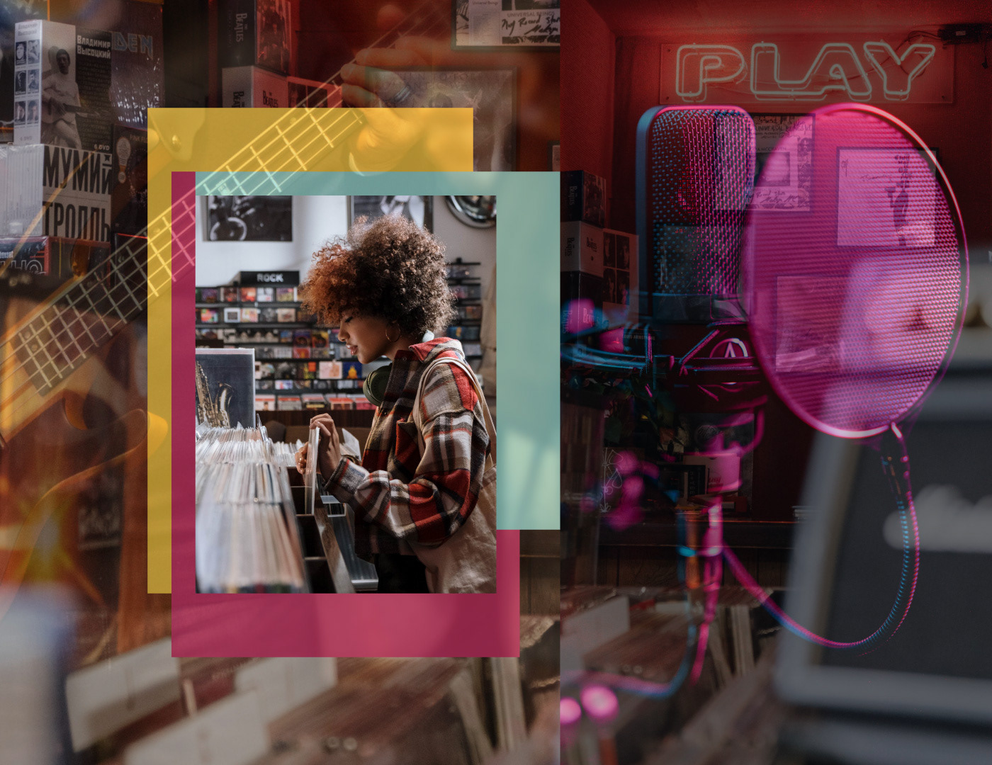 Black woman with headphones inside a vinyl record store, electric guitar and microphone retro photos