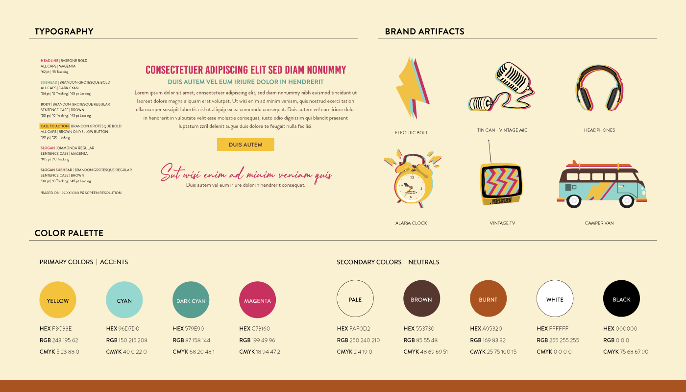 electric star pr music marketing agency font typography layout, brand artifacts or icons and color palette as set of brand guidelines, all colorful, vibrant, cool and fun