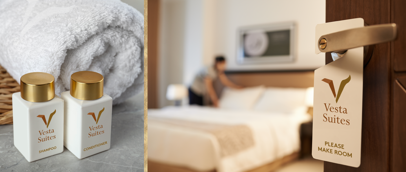 Bathroom toiletries and towel and a woman cleaning the room with make room tag on the suite door