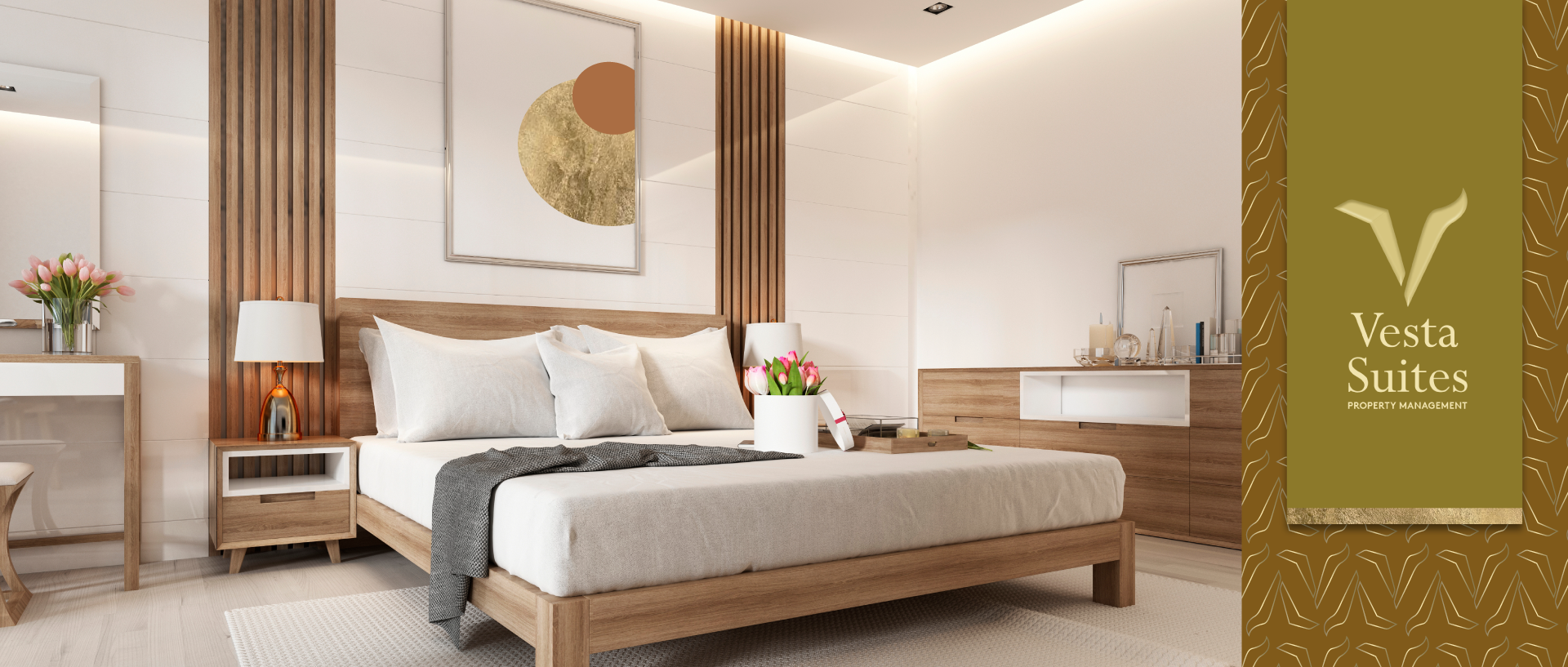 cozy warm bedroom with wooden furniture and accent walls, vesta suites logo gold and orange colors