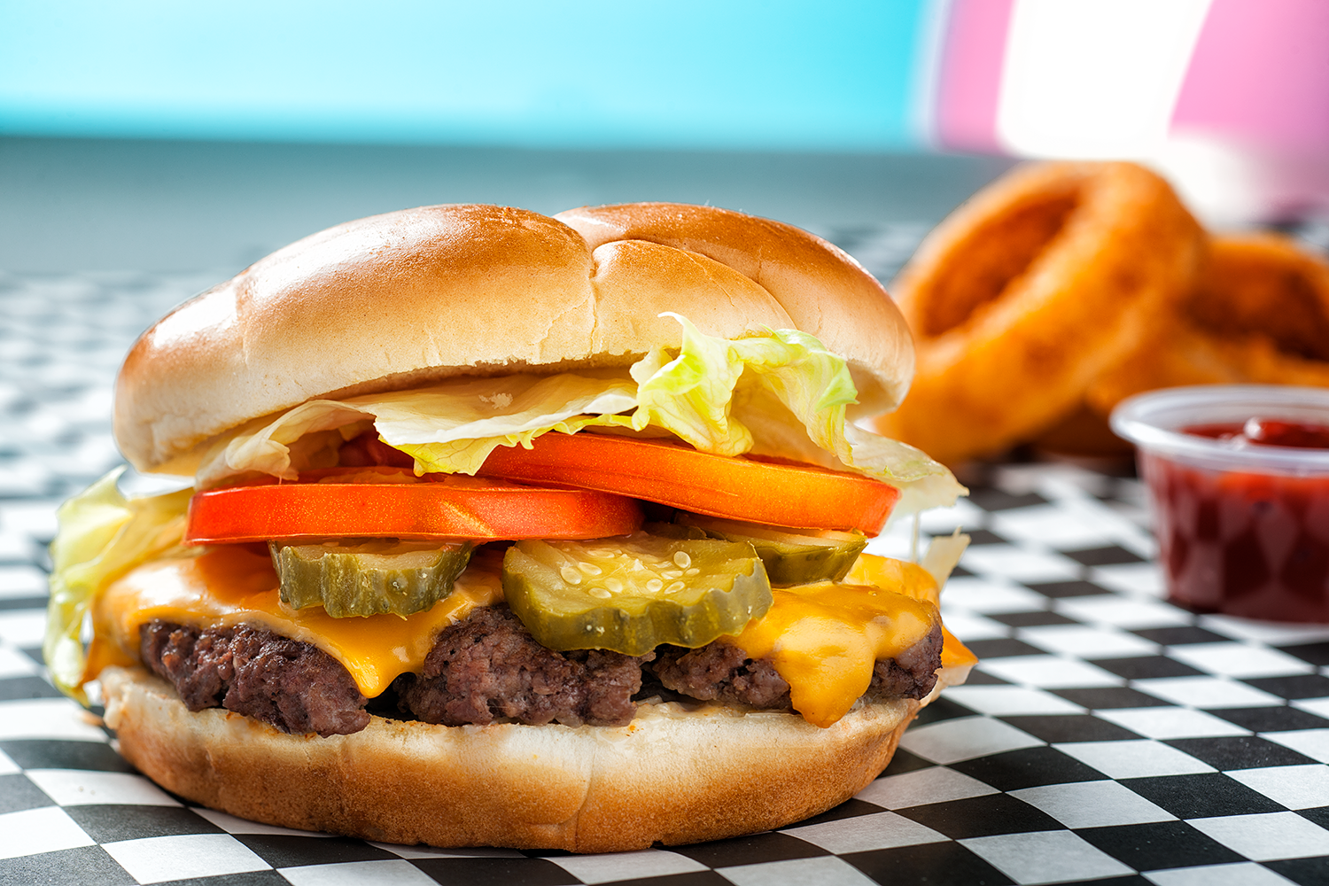 Food Photography Cheeseburger and Onion Rings