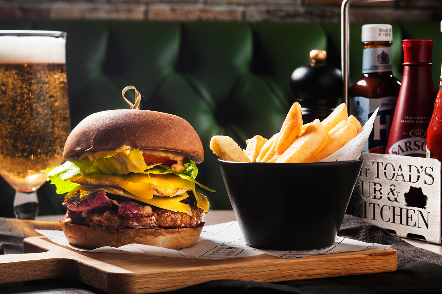 Food Photography Pub Burger, Fries and Draught Beer