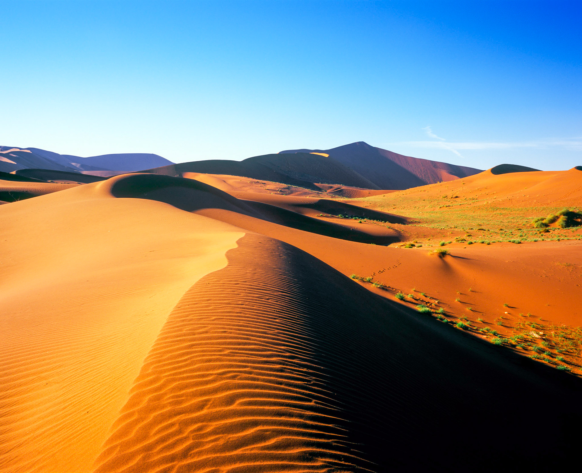 Až 300 metrů vysoké duny obklopují solnou pánev Sossusvlei. I když to rozhodně nevypadá, tak i tady jednou za čas zaprší a poté se naplní vyschlé pánve krátkodobě vodou.