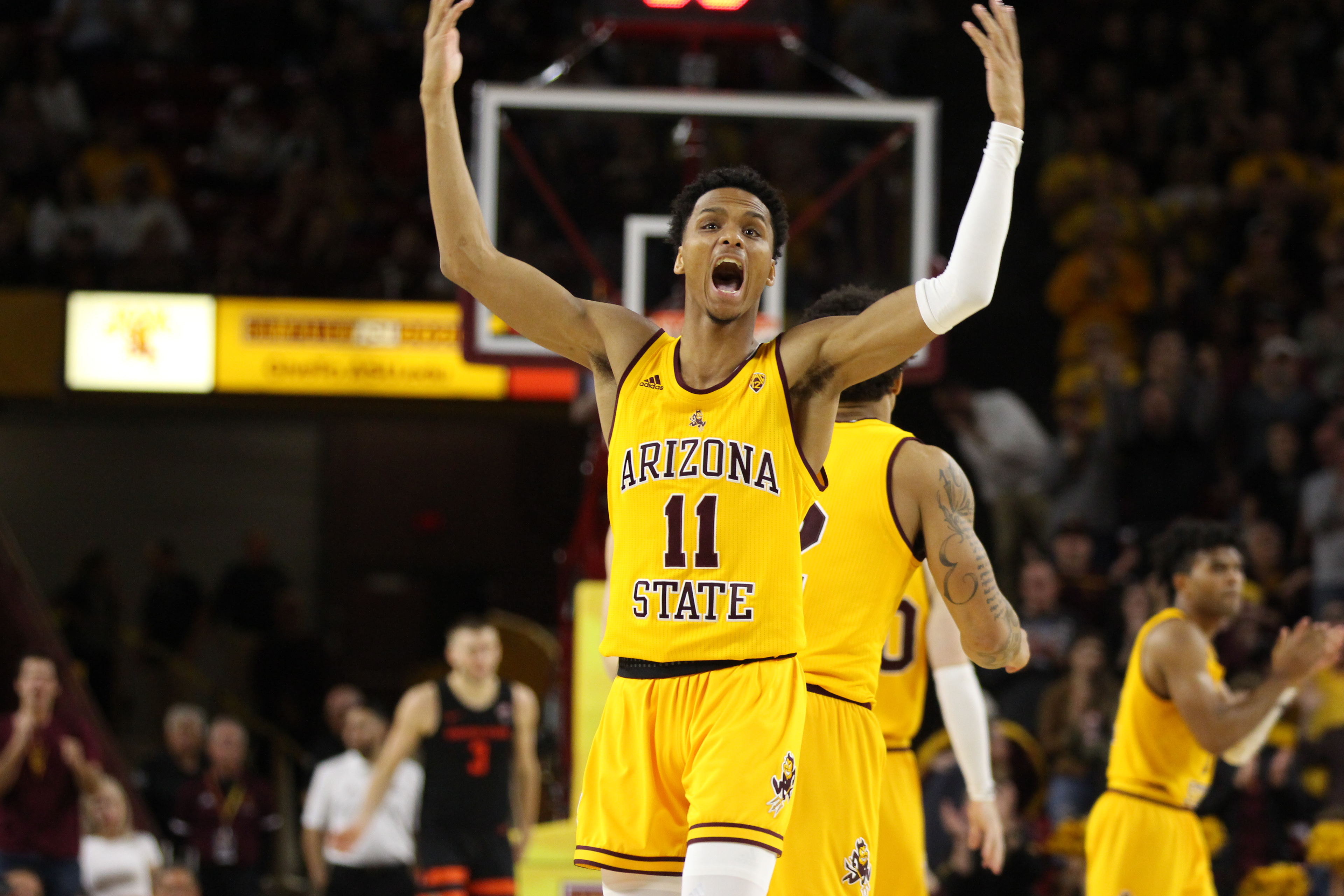 Arizona State guard Alonzo Verge Jr. pumps up the crowd during a timeout in a game against Oregon State on Feb. 22, 2020, at Desert Financial Arena in Tempe, Ariz.