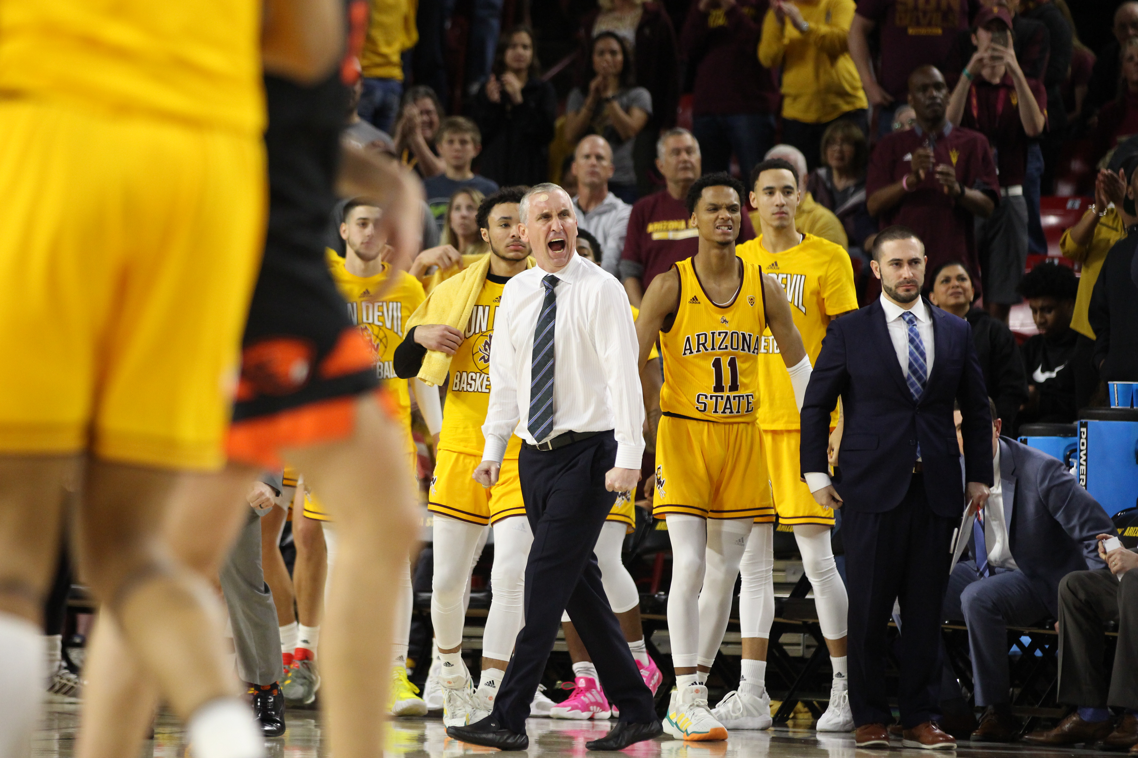 Arizona State head coach Bobby Hurley yells in approval as his team forces an Oregon State timeout during a game on Feb. 22, 2020, at Desert Financial Arena in Tempe, Ariz.