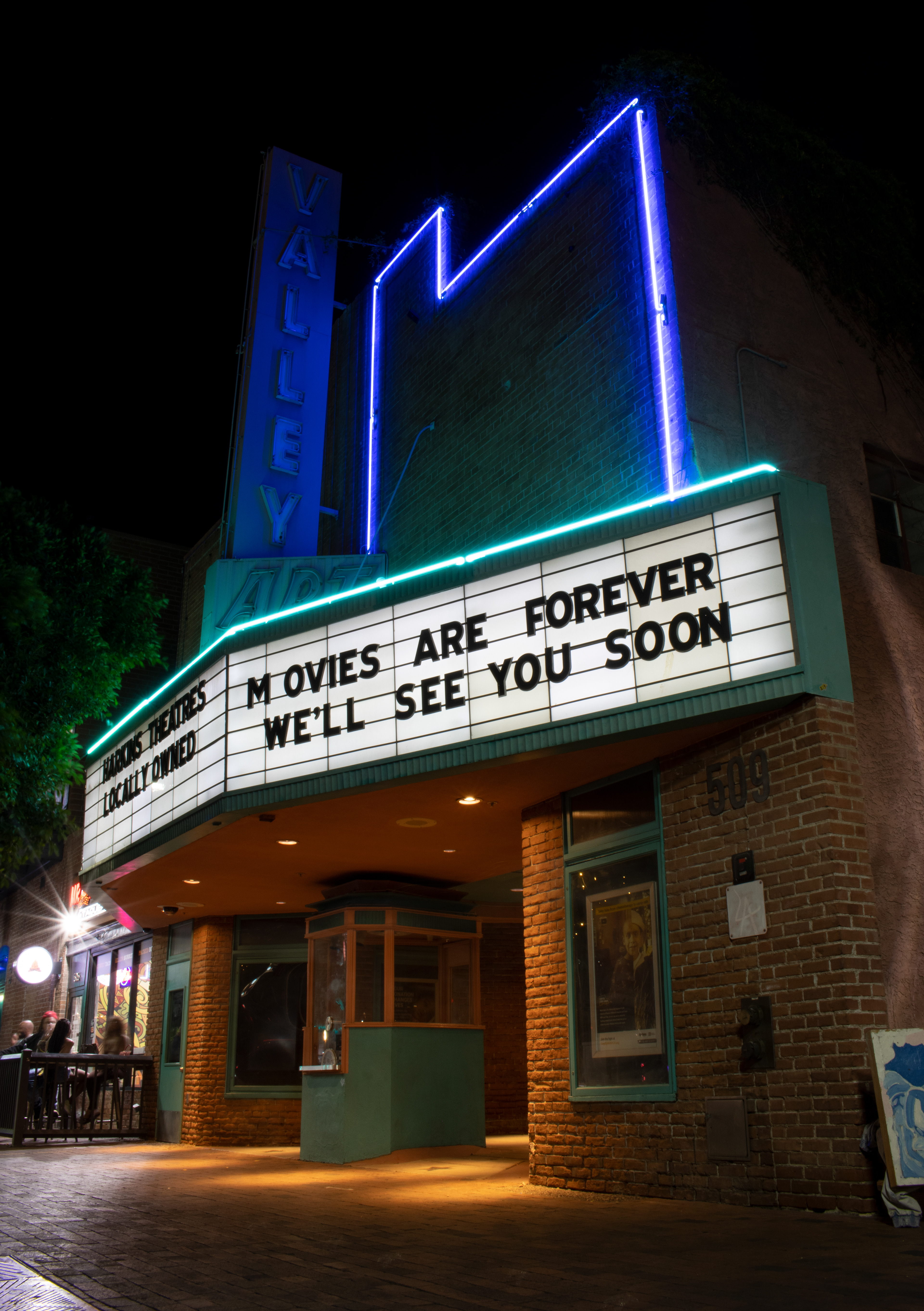 Harkins Valley Art Theatre on Mill Avenue hints at an eventually reopening as the Covid-19 pandemic continues on April 13, 2021, in Tempe, Ariz.