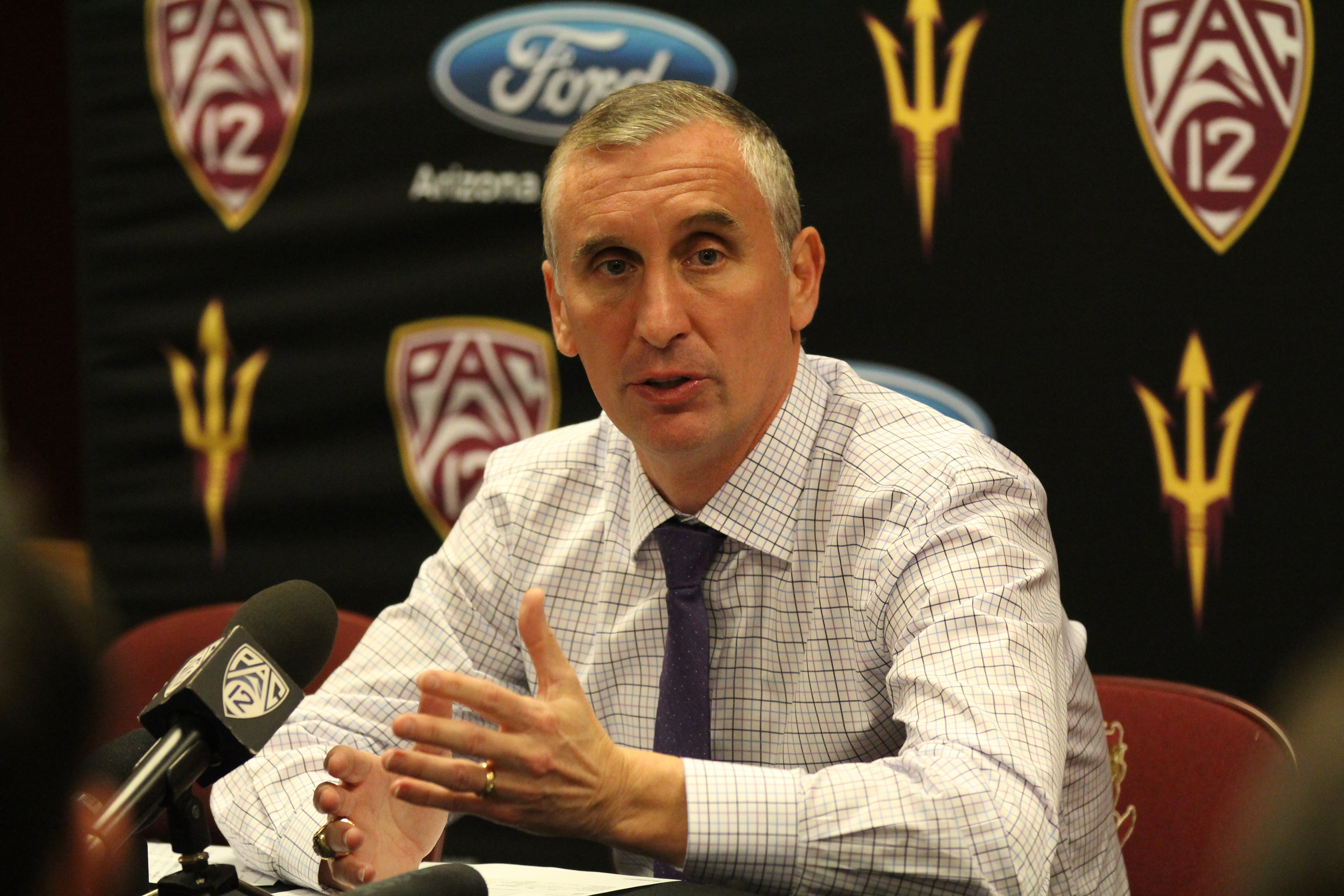 Arizona State basketball head coach Bobby Hurley addresses the media following a game against Central Connecticut State on Nov. 14, 2019, at Desert Financial Arena in Tempe, Ariz.