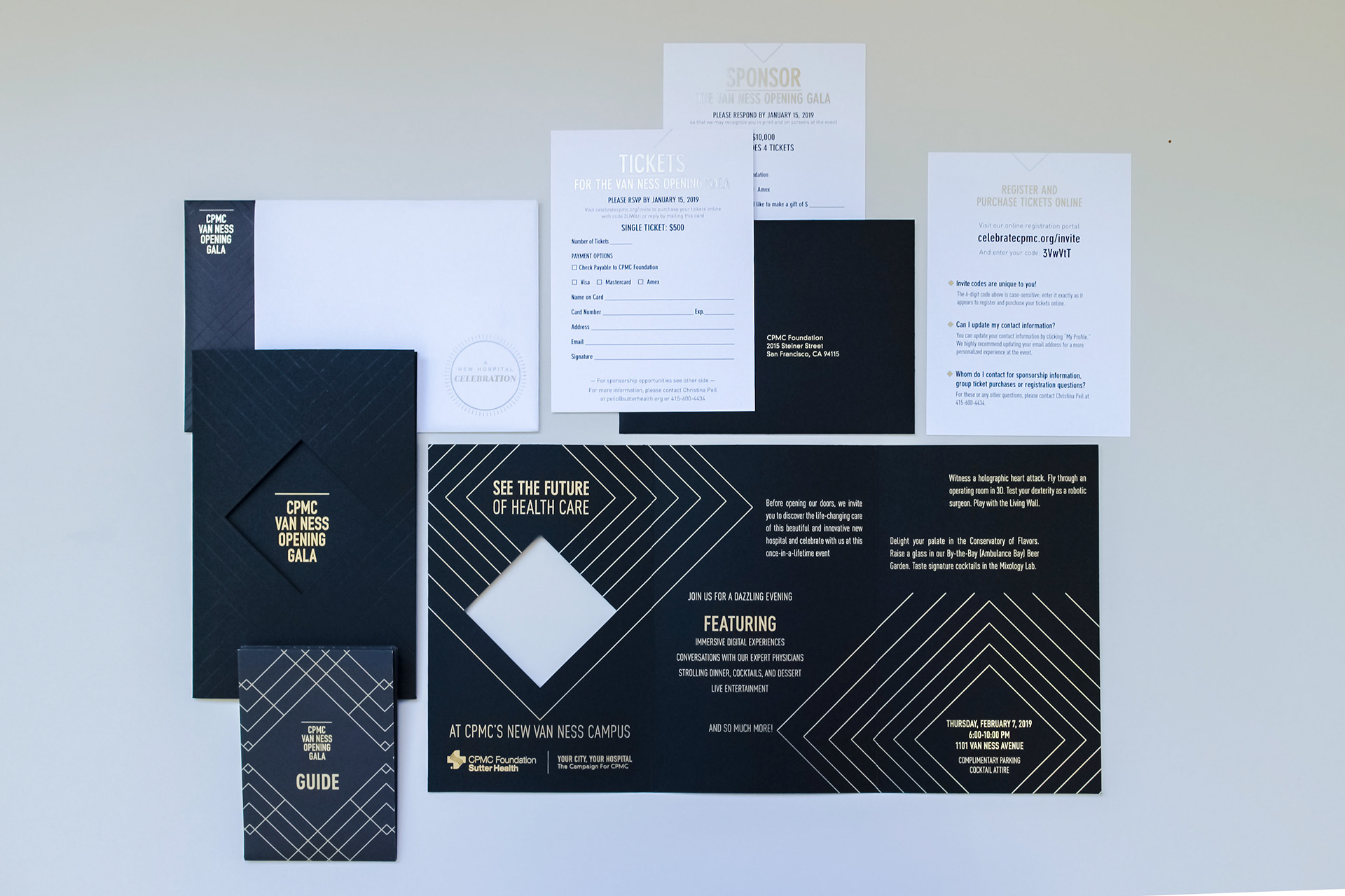 Invitation Suite for CPMC Van Ness Opening Gala, Gold Foil, Spot Gloss and diecut
