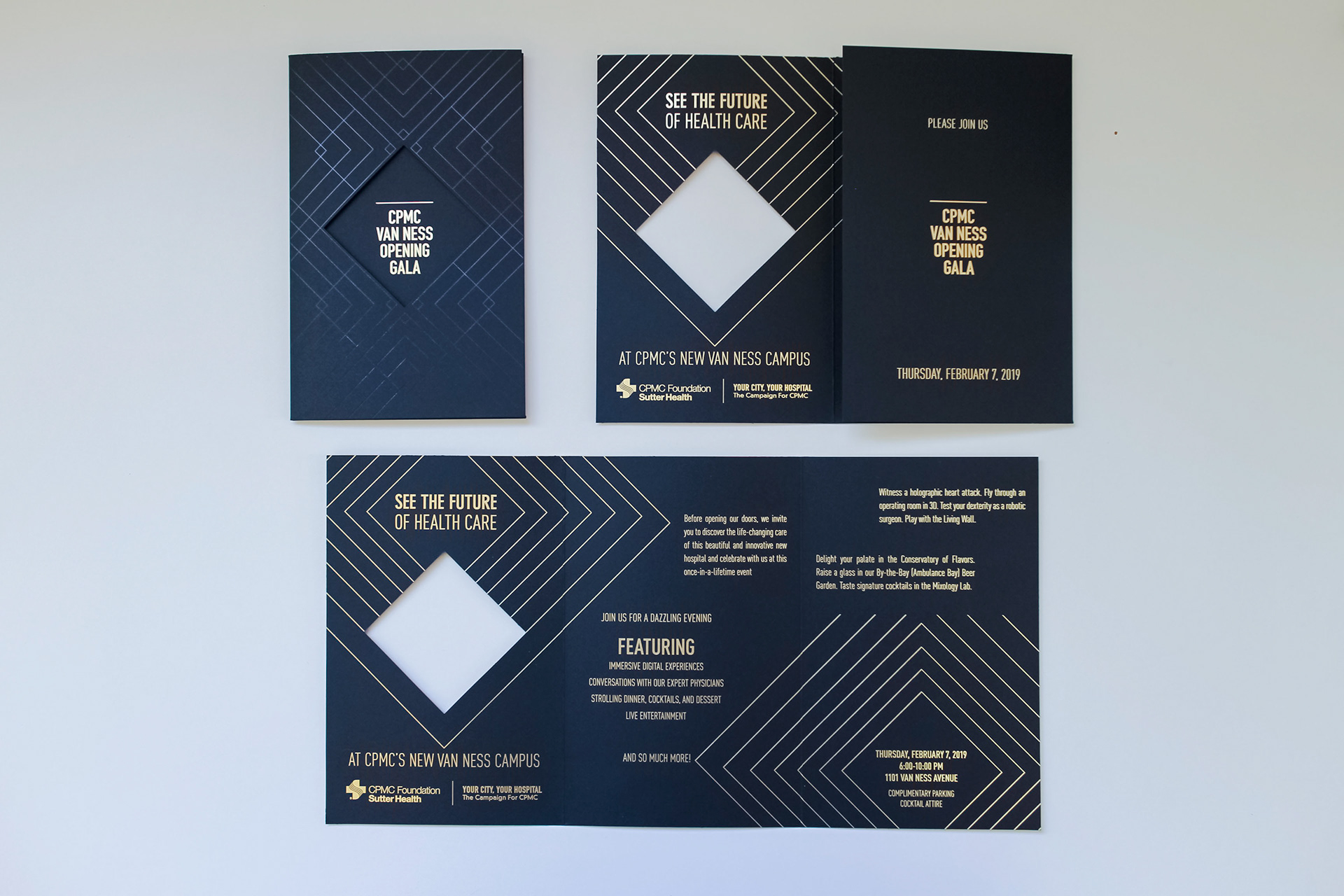 Unfolding of invitation card forCPMC  Van Ness Opening Gala