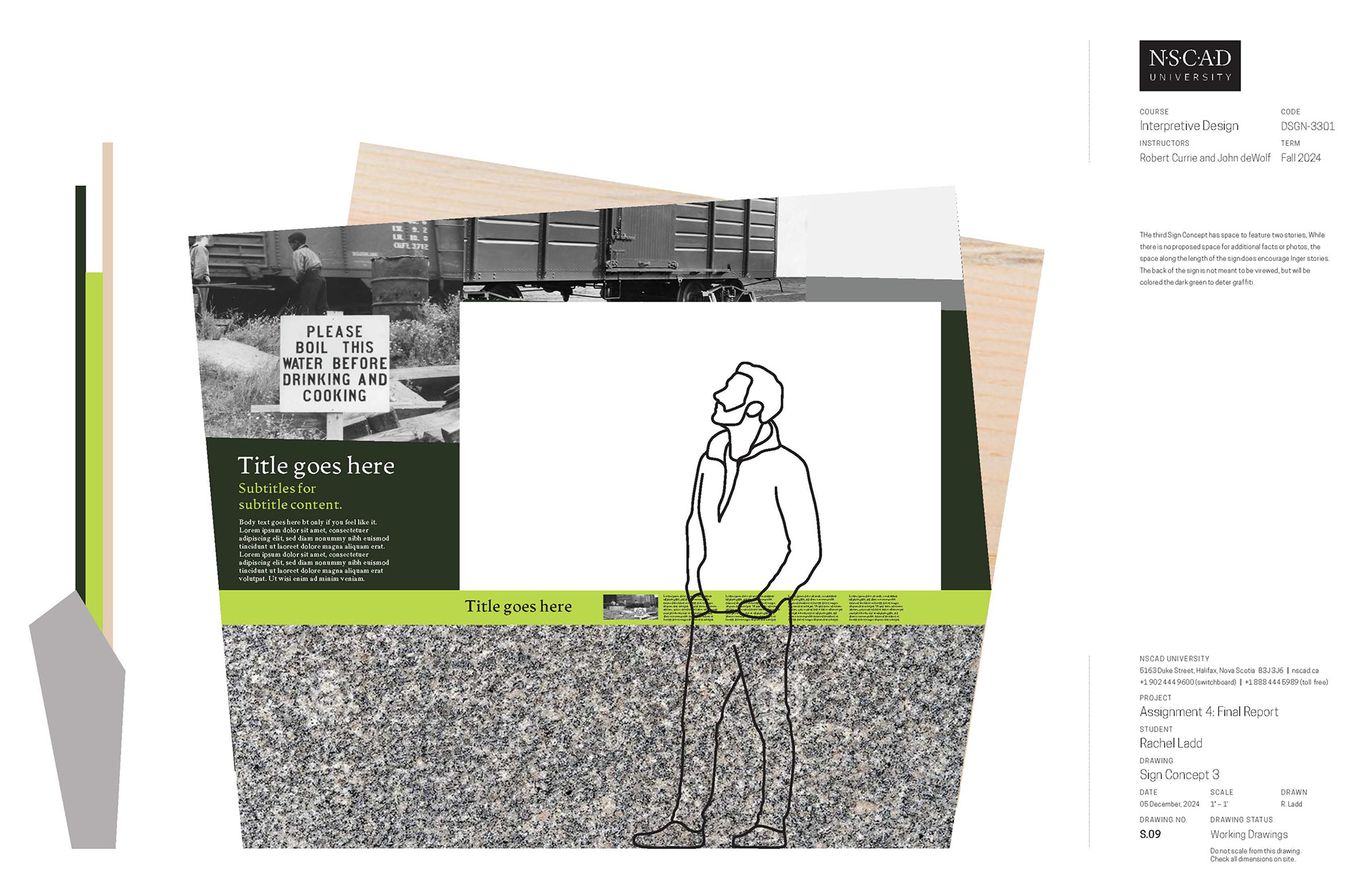 Signage Concept 3: Can display up to two stories, designed to be placed along the edge of the trail and provide a viewport to a relevant landmark or sight.