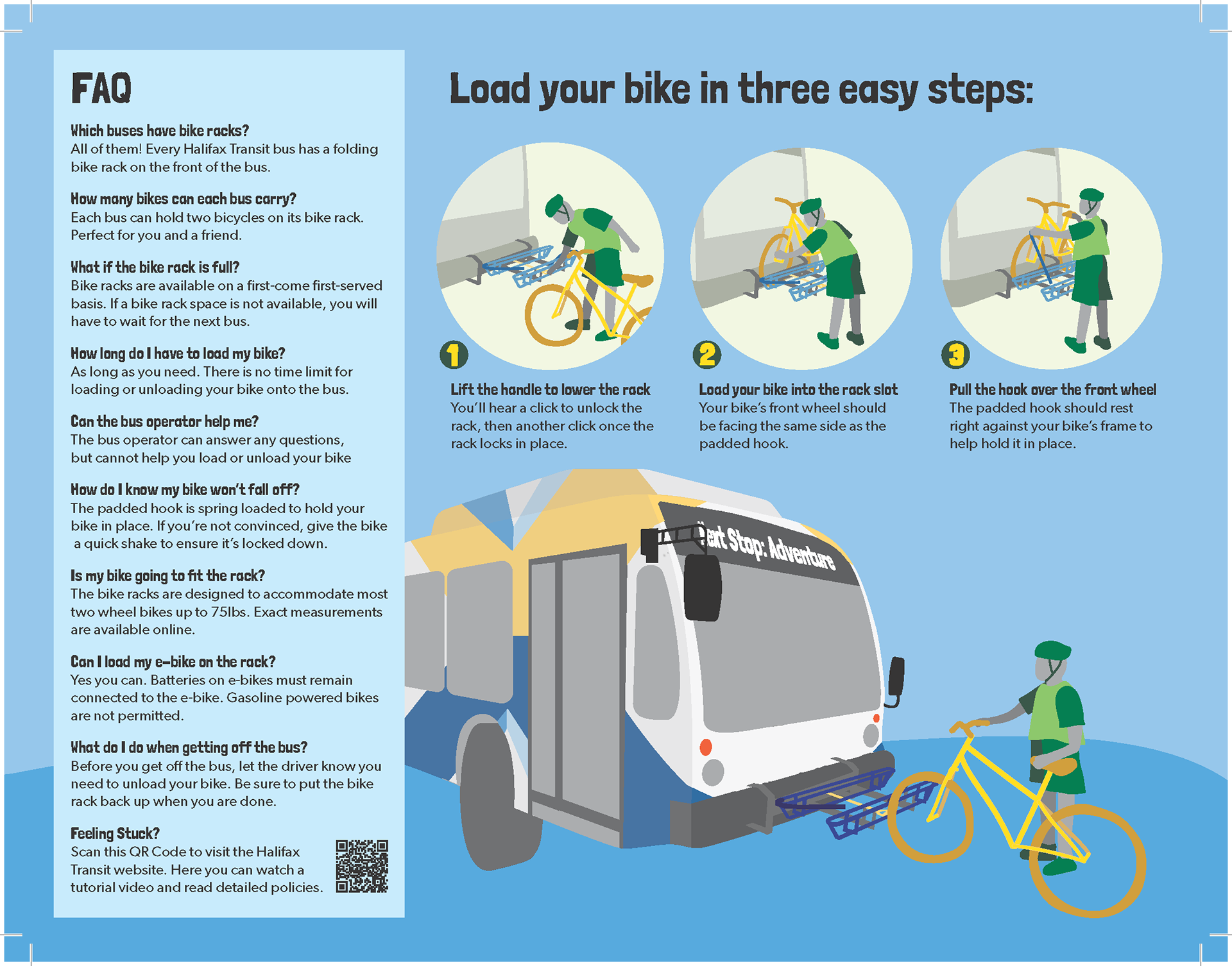 Inside view of the brochure. As mentioned previously, this section addresses frequently asked questions and easy steps for using the racks. The map motif leads across and down to the bottom right, asking cyclists "where will you go next?" This isn included as a fun easter egg for attentive readers, to add an additional element of fun to the information.