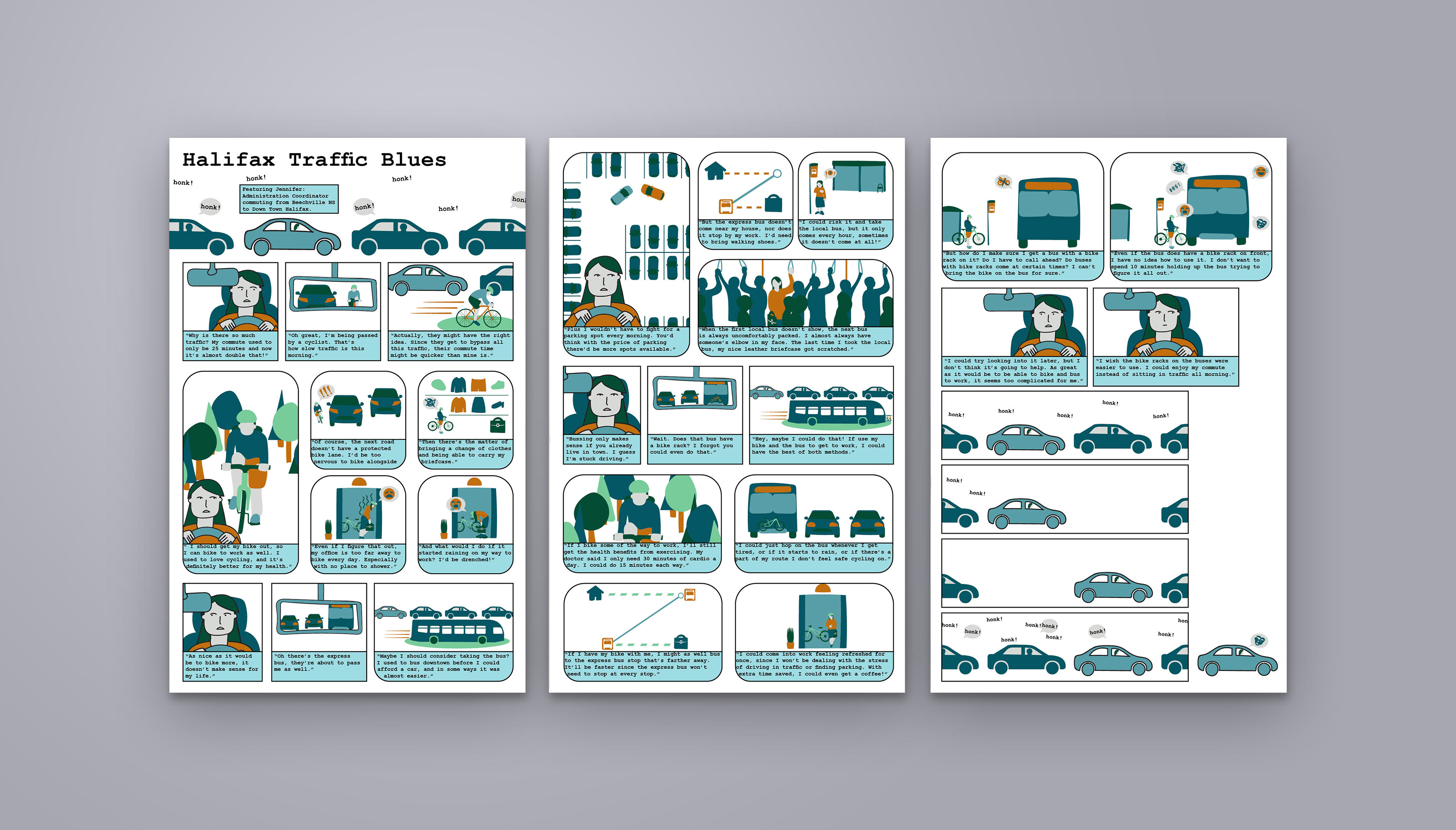 I created a story board to illustrate the common perceptions I gathered about the bus bike racks. This story follows our character "Jennifer" as she commutes to work. While she is stuck in traffic, she reflects on how much she dislikes driving in Halifax traffic, but can't seem to find an alternative that meets her needs. The express bus doesn't stop close to her house, and she lives too far away to commute by bike. Eventually she sees a bus carrying a bike on the front, and considers how she can combine the two methods. Unfortunately, her anxieties and lack of familiarity deter her from committing to her plan, and she is stuck driving to work.