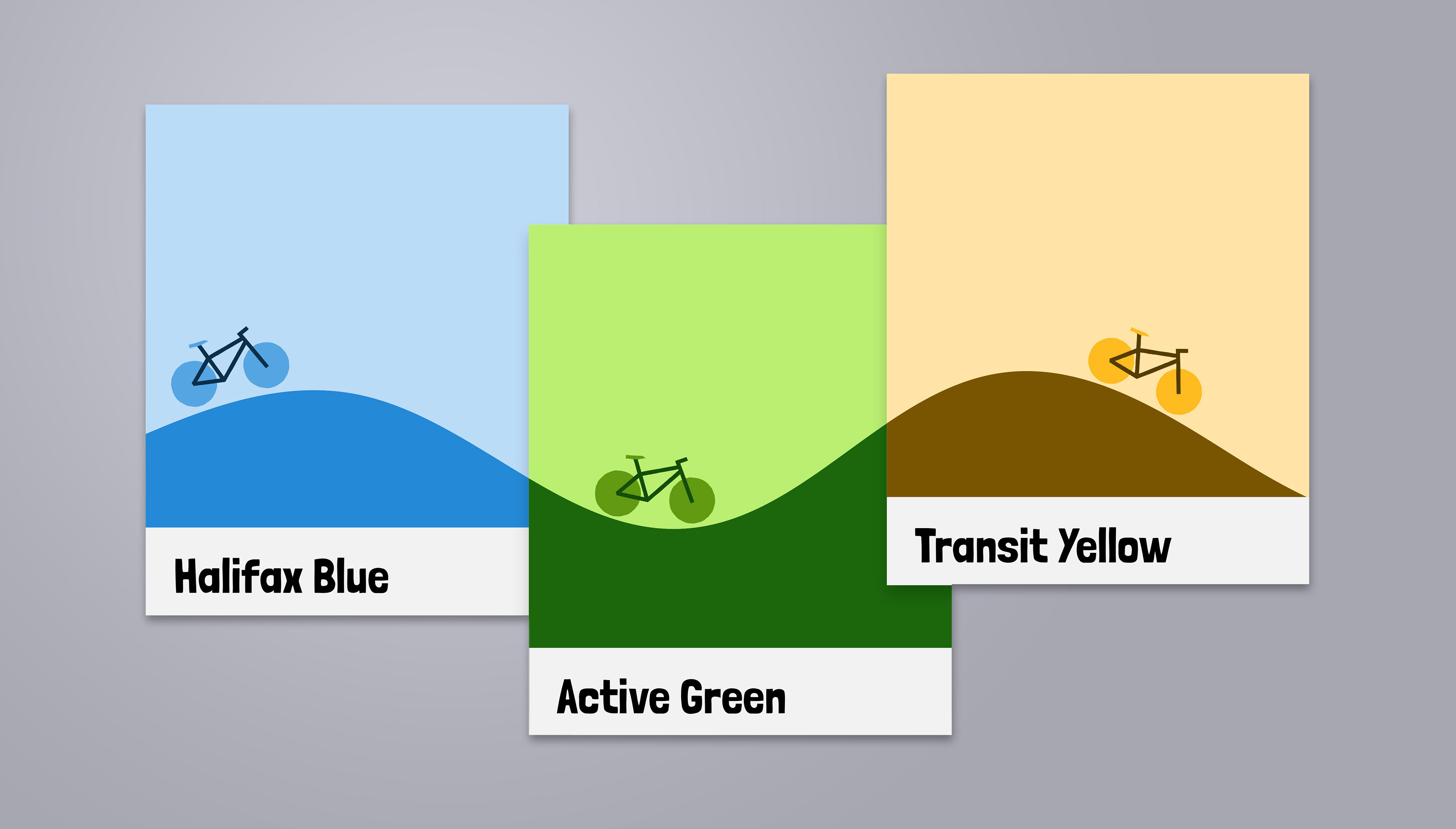 I based the color palette for this project on colors already associated with active and public transportation in Halifax. The blue and yellow are the same hues that Halifax Transit uses in its own branding, and the green is based off the color of the existing bike lanes. Conveniently, these three colors for a very nice analogous palette. To further link these three colors together, I add a yellow tint to the lighter green colors and a blue tint to the darker green colors.