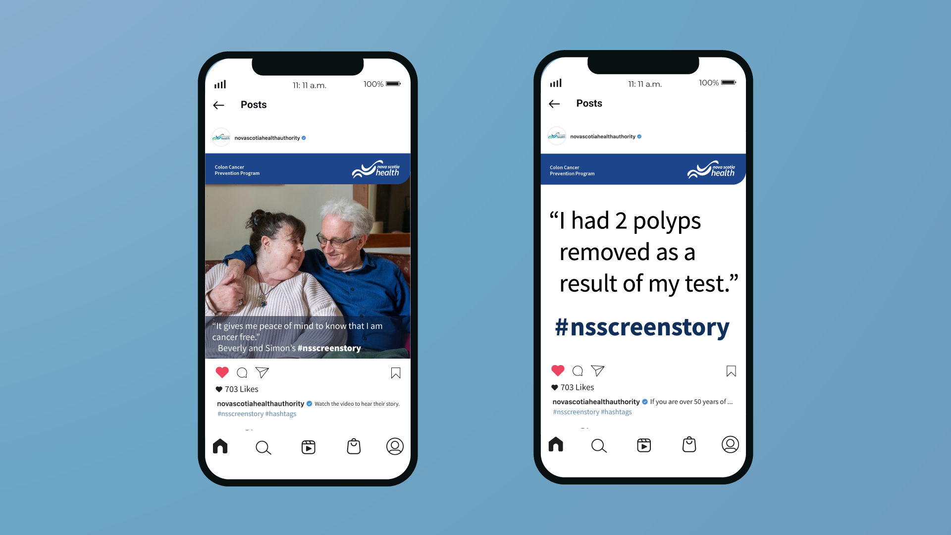 Left: Text and Image Testimonial. Right: Text Only Testimonial. Every year, NS health receives feedback forms with heartwarming messages and anecdotes from Nova Scotians who have done the at home screening test. Two templates are provided to share these stories with everyone.