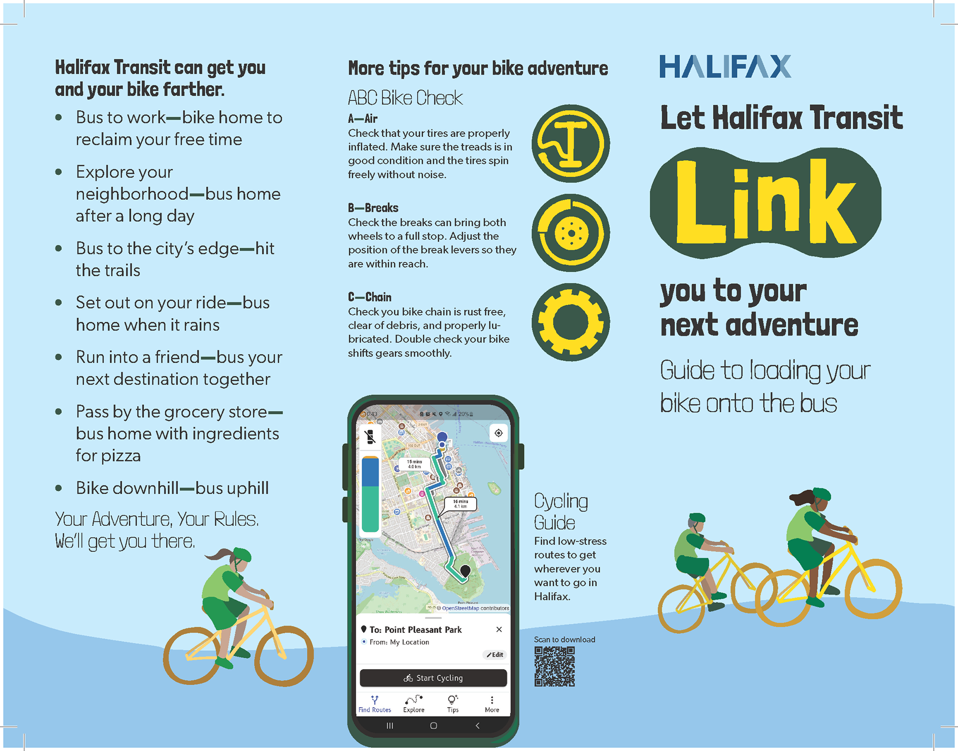 Outside view of the brochure. When folded, the cycling tips will appear on the back cover and the list of example scenarios will appear in the inside flap. For cycling tips, I explain a popular mnemonic device for basic bike repair and direct cyclists to an app that assess a cycling route's incline difficulty and traffic difficulty. The map motif leads off the cover into the inside of the brochure.