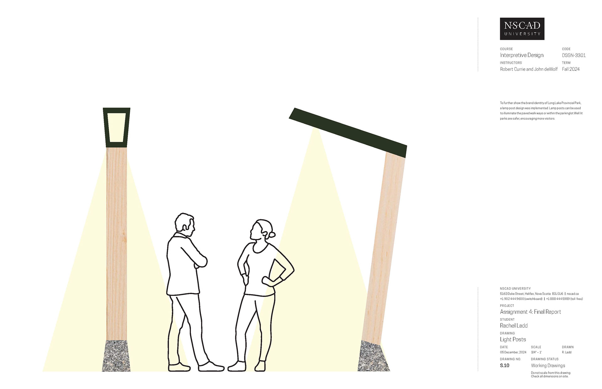 Lamp post design to tie into the visual identity, can replace the ones located in the parking lots as well as be installed along the main paths.