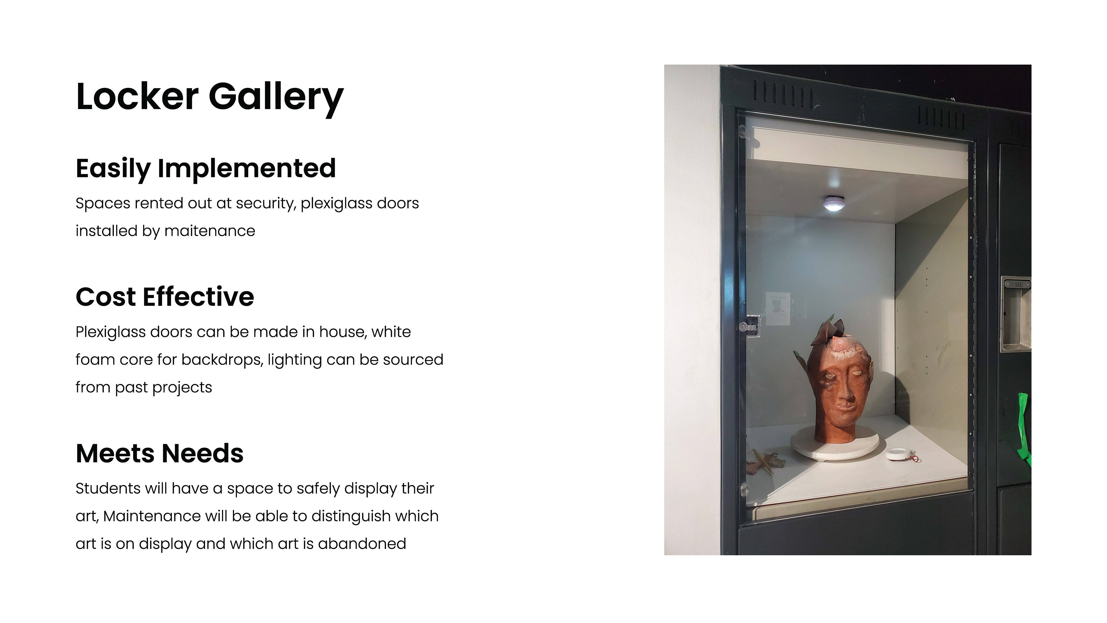 Port campus lockers are seldom rented out. This gallery mockup shows that the spaces can instead be rented out as mini galleries with plexiglass locker doors.