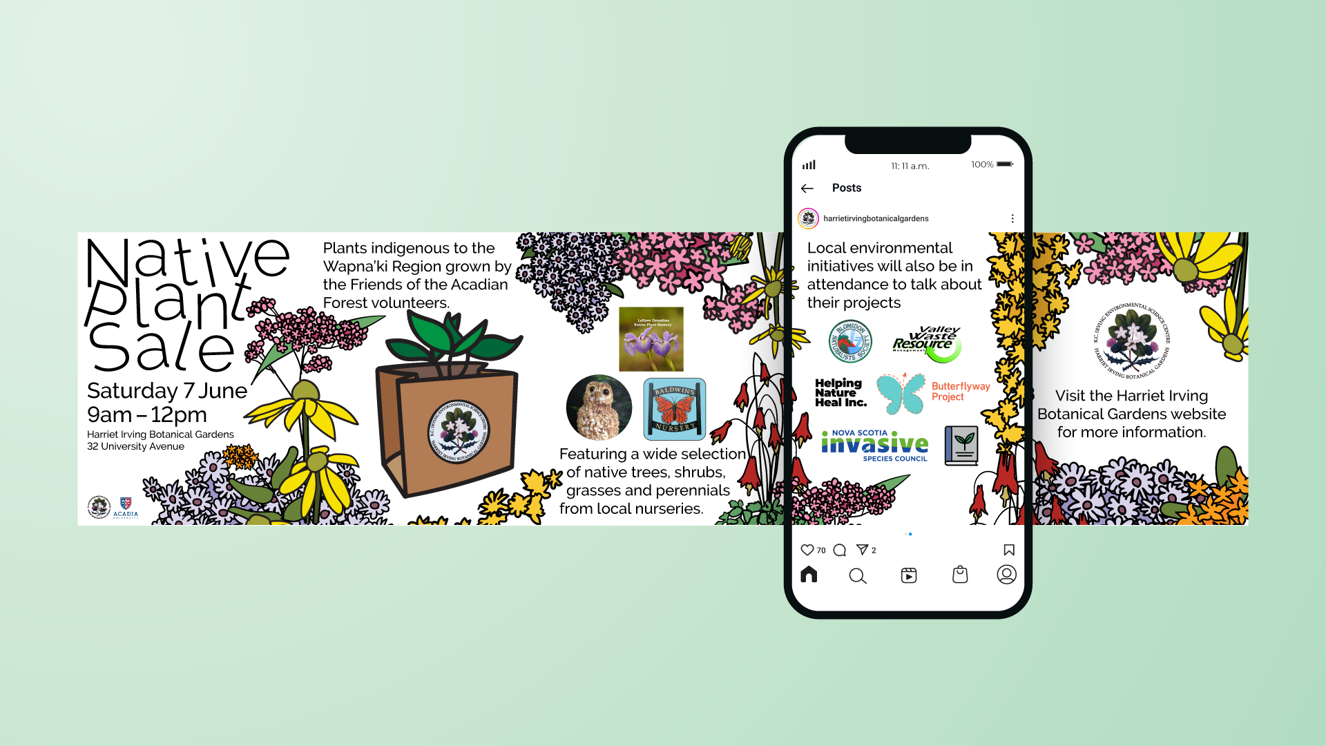 Promotional instagram carousel shared one week before the event. Follows the motif of the plants taking over the space.