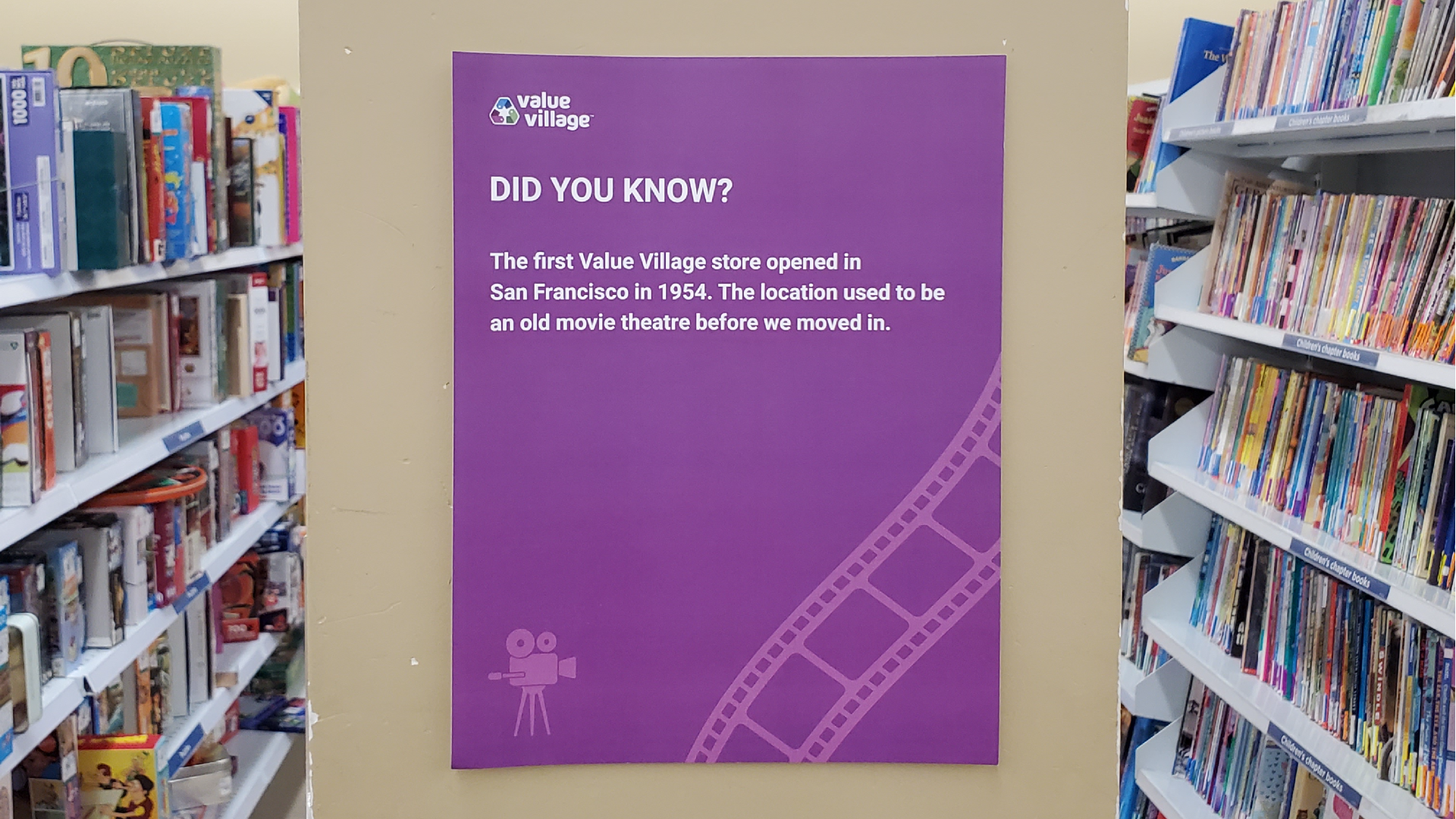 Fact Poster in context: The Dartmouth Value Village had a number of support beams in and around the aisles. The posters were displayed on the beams at eye level for customers to see as they shopped.