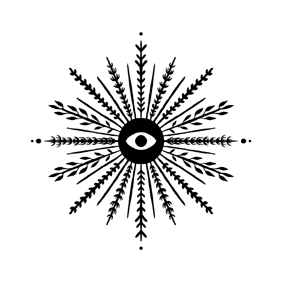 Illustration mit Naturbezug, floralen Elementen und einem Auge