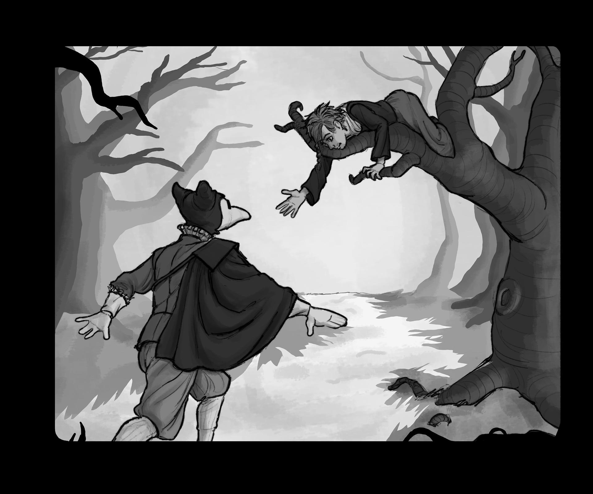 A witch and a plague doctor. Digital illustration in photoshop