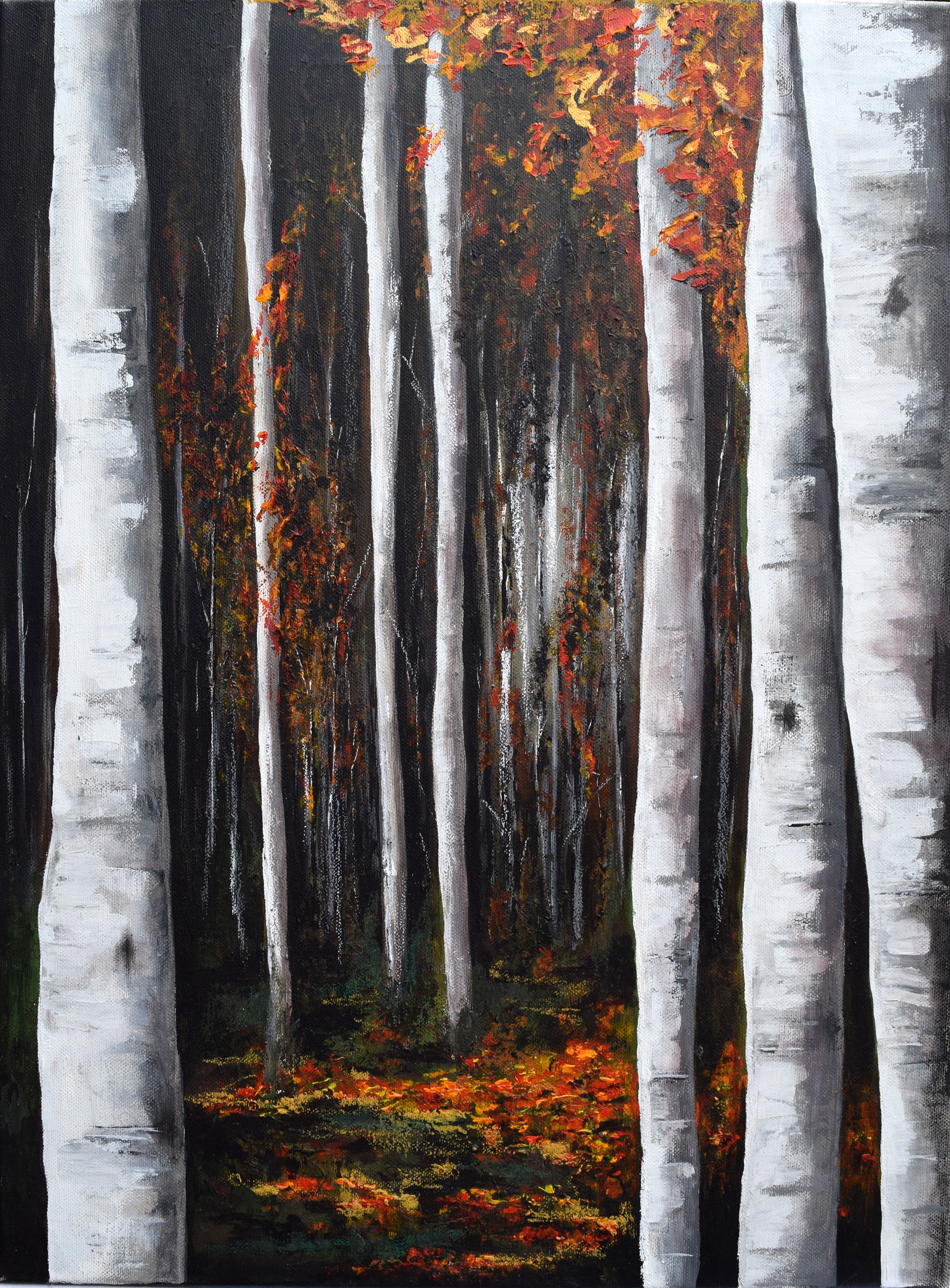 Autumnal Birch. Abstract, textured oil painting by James Rooney.