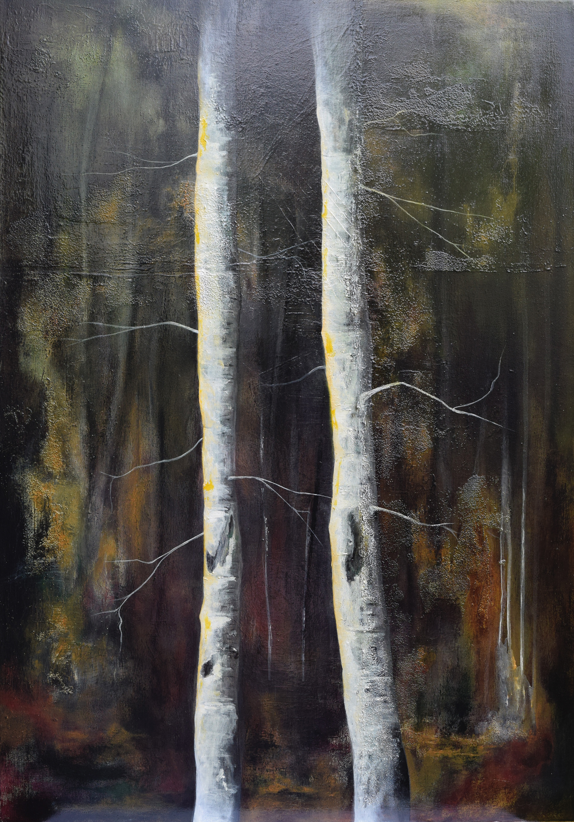 Shadows & Tall Trees. Abstract, textured oil painting by James Rooney. 65cm x 90cm
