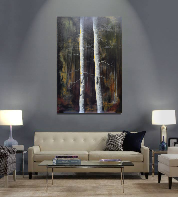 Shadows & Tall Trees. Abstract, textured oil painting by James Rooney. 65cm x 90cm