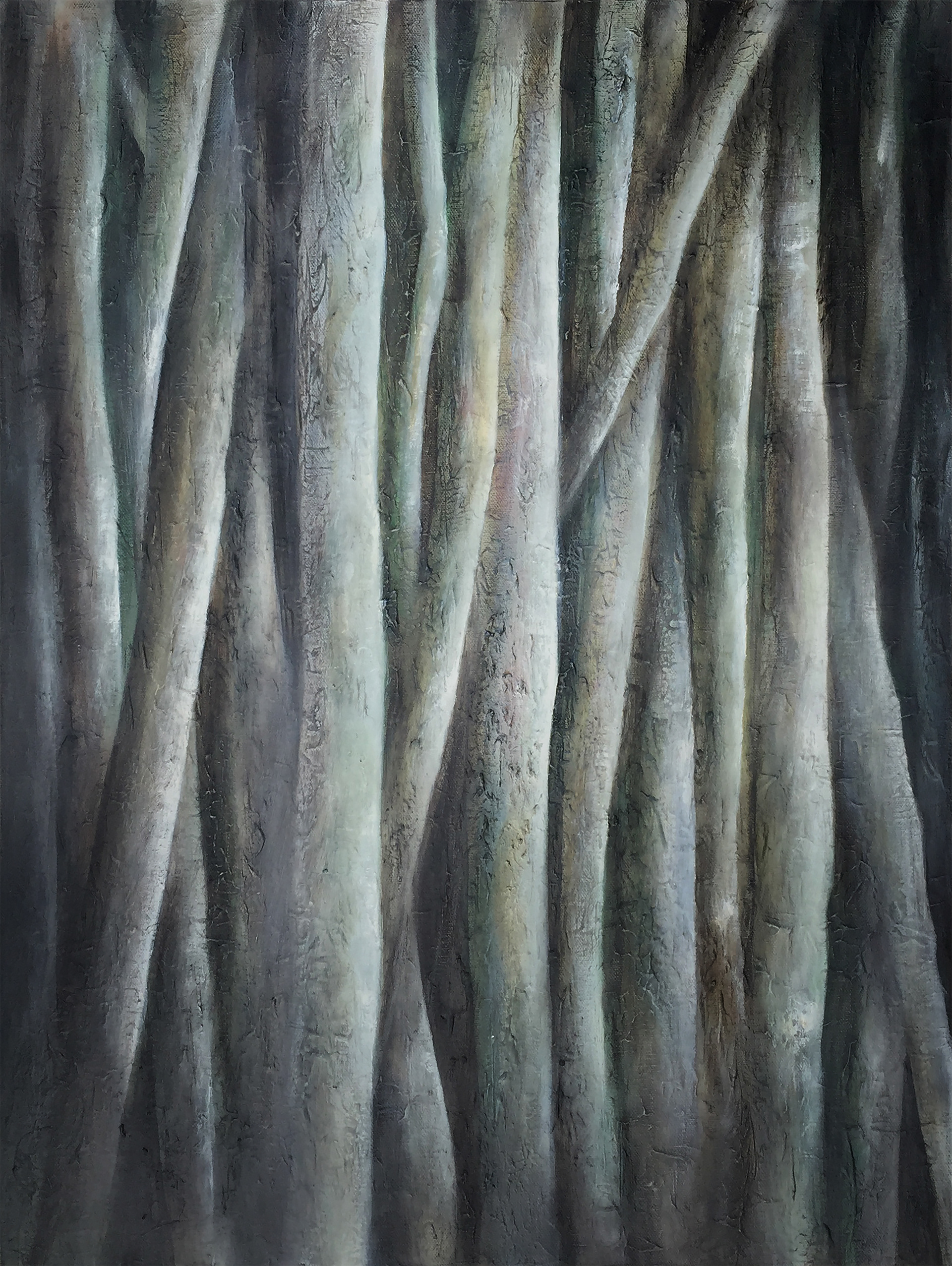 Monochrome Forest. Abstract, textured oil painting by James Rooney.