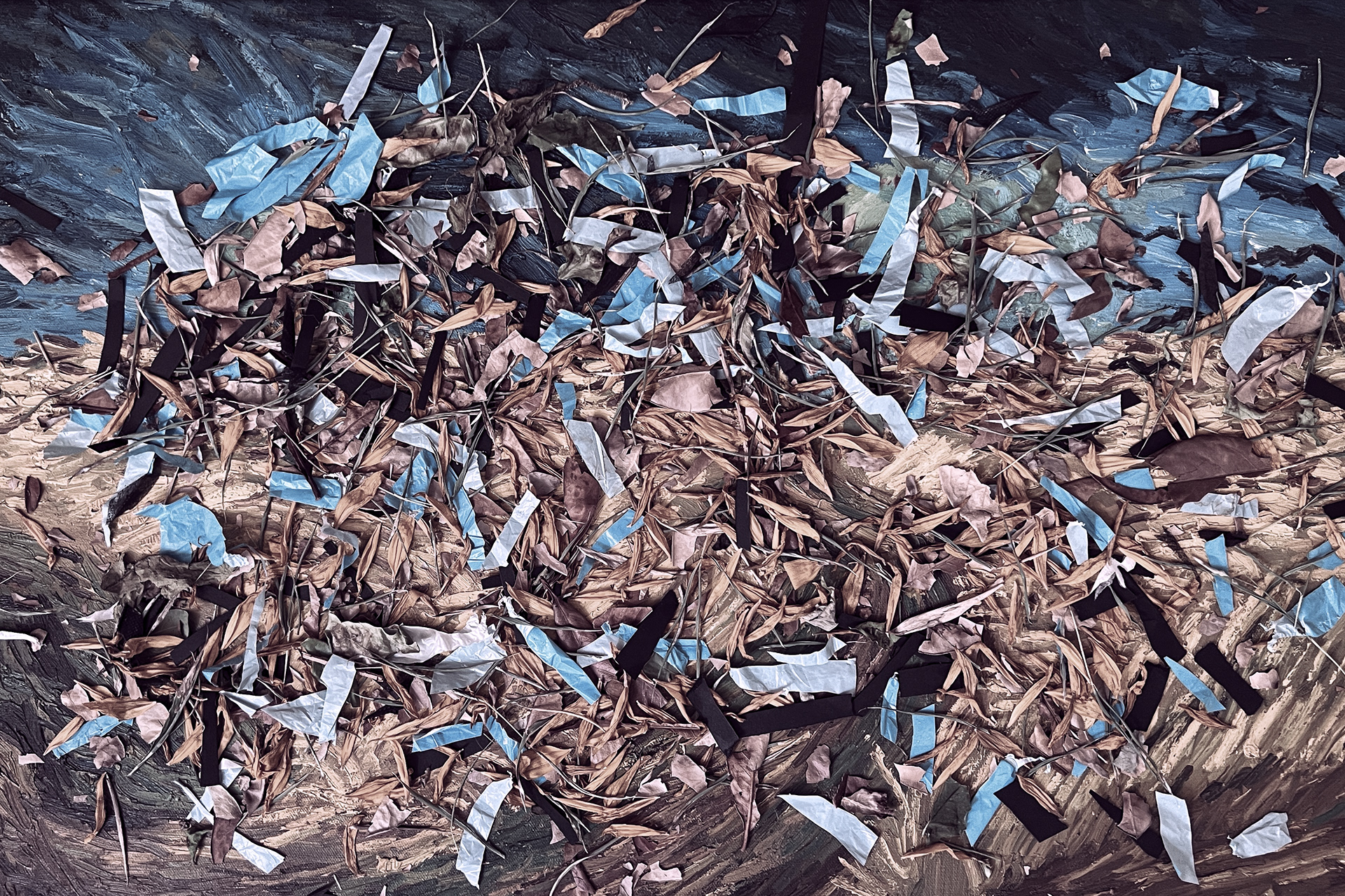 When the crows disappear. Plastic waste scraps and oil on canvas, C Print, 50 x 100 cm. 2023