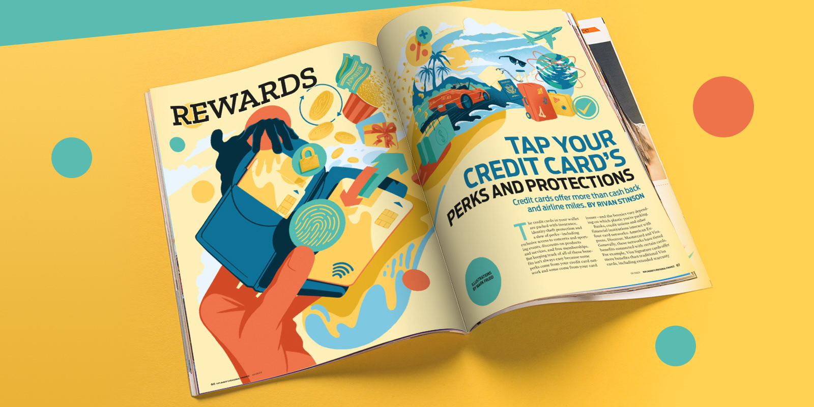Magazine spread featuring lead illustration highlighting the latest credit card perks and protections.