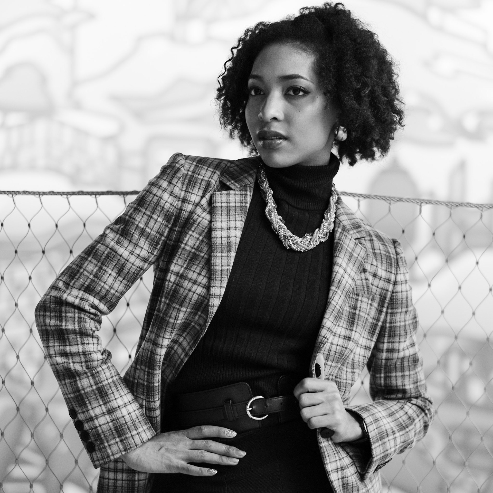 Ikeji Uju: Raimu Kaminashi beautifully wearing a black and white outfit with black boots in Shibuya City, Tokyo, Japan. Shot in Black and White. Ikeji Uju Photography