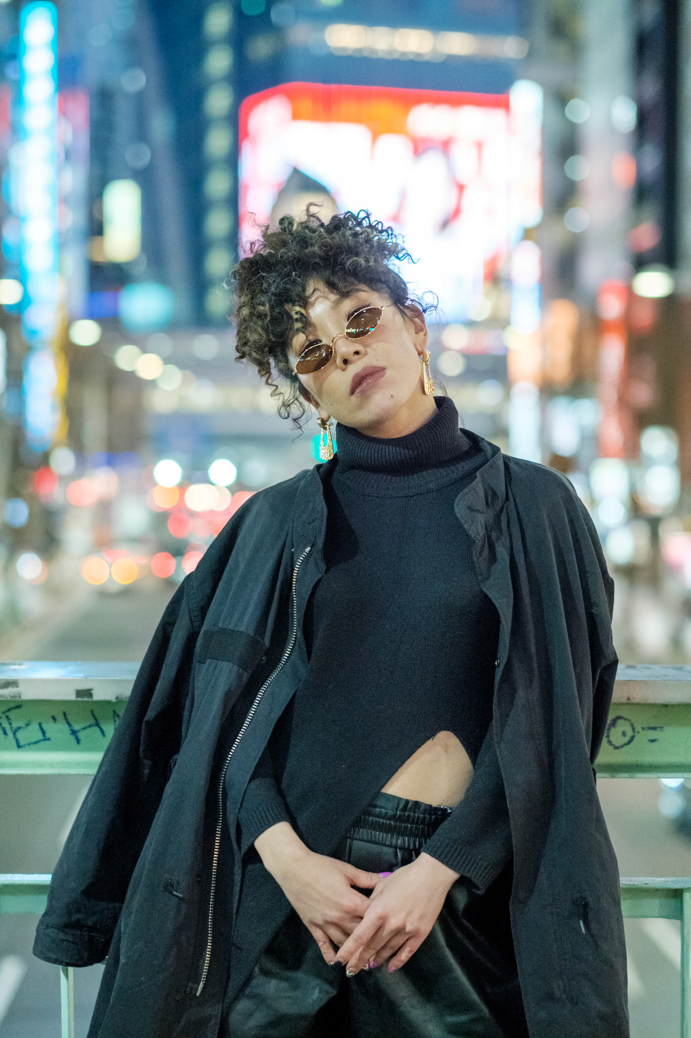 Ikeji Uju: Ai Fujii is an amazing Japanese hip-hop dancer posing in Shibuya City, Tokyo, Japan, wearing all black and stylish shades at night. Ikeji Uju Photography