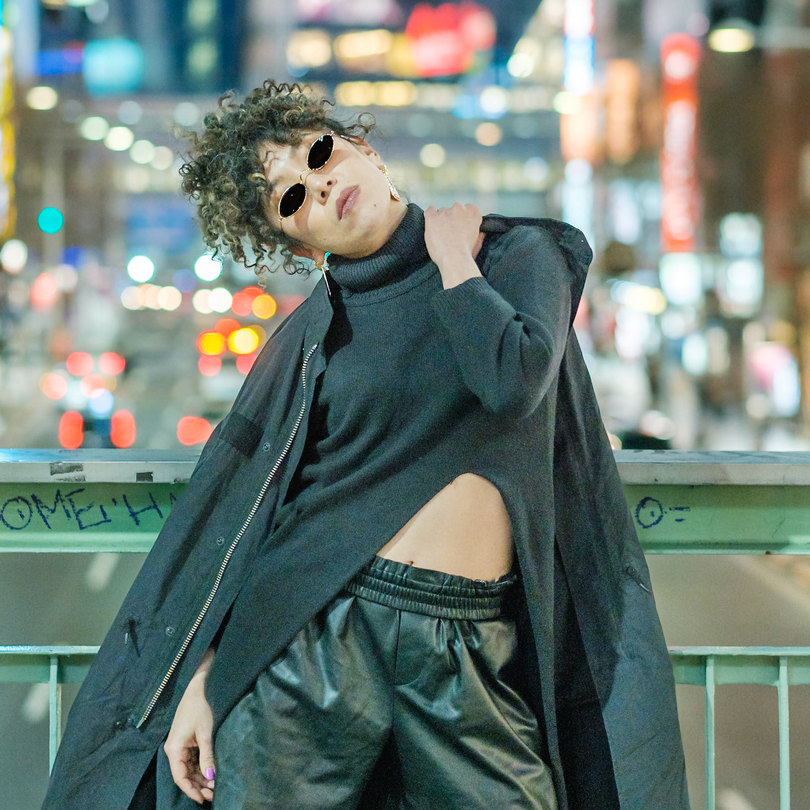 Ikeji Uju: Ai Fujii is an amazing Japanese hip-hop dancer posing in Shibuya City, Tokyo, Japan, wearing all black and stylish shades at night. Ikeji Uju Photography