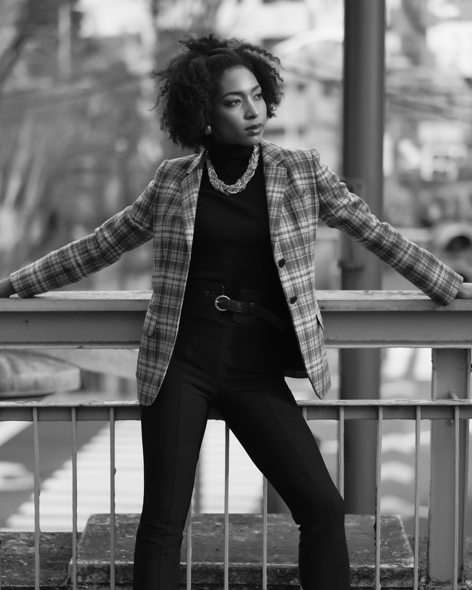 Ikeji Uju: Raimu Kaminashi beautifully wearing a black and white outfit with black boots in Shibuya City, Tokyo, Japan. Shot in Black and White. Ikeji Uju Photography