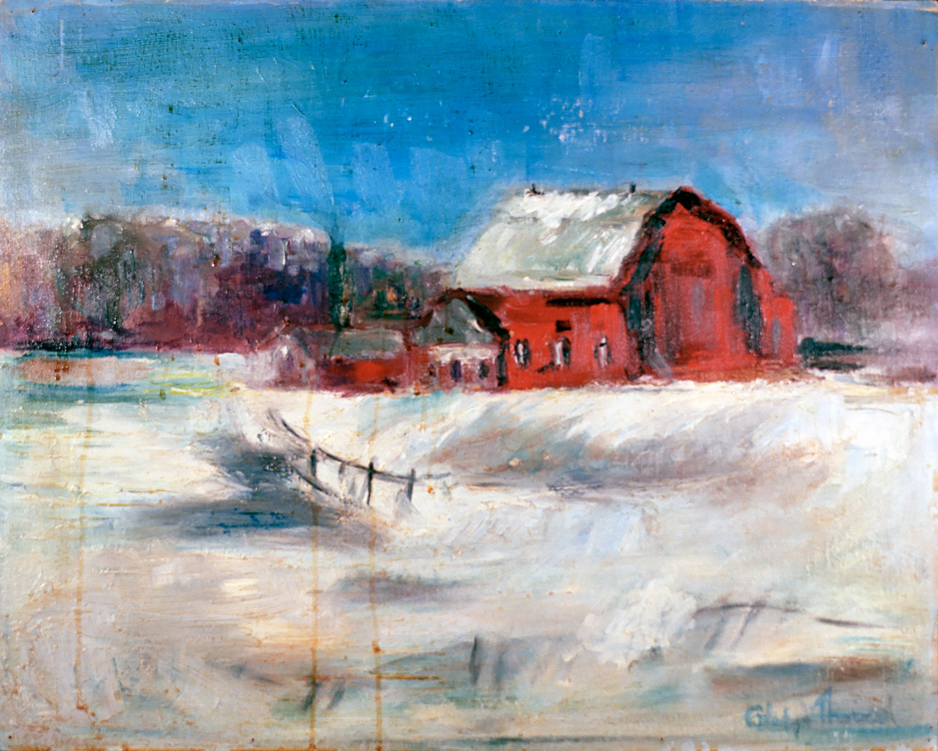 Barn At Unionville, 20" x 16"  GMT 002, when photographed, the painting was in need of cleaning (vertical streaks apparent here).