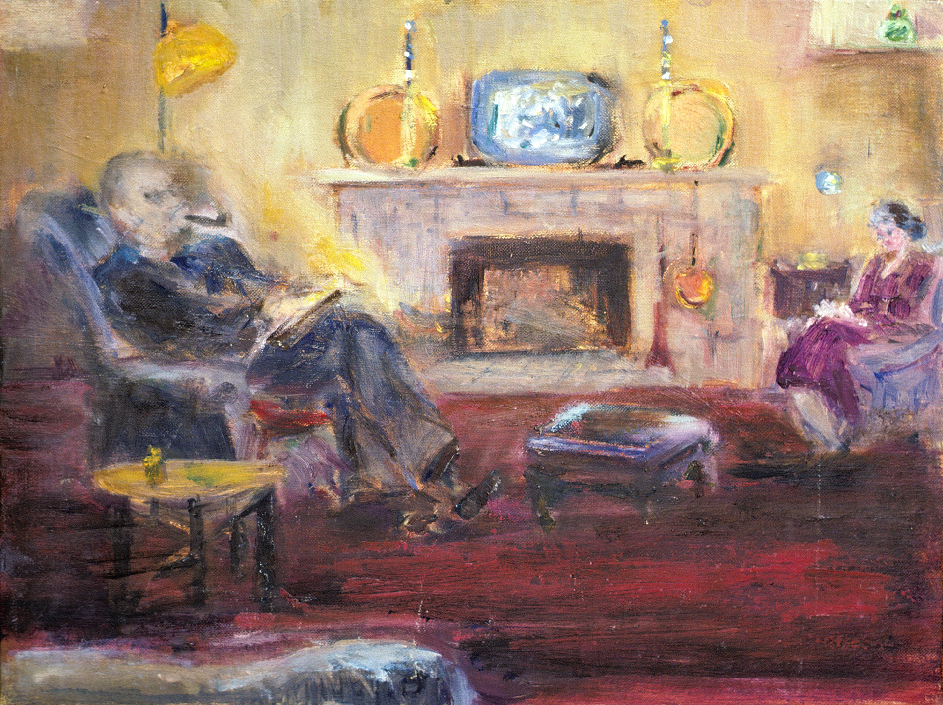 Fireside, 16" x 12" GMT 011. Self portrait of the artist and her husband (Harvey Thorne) at home.