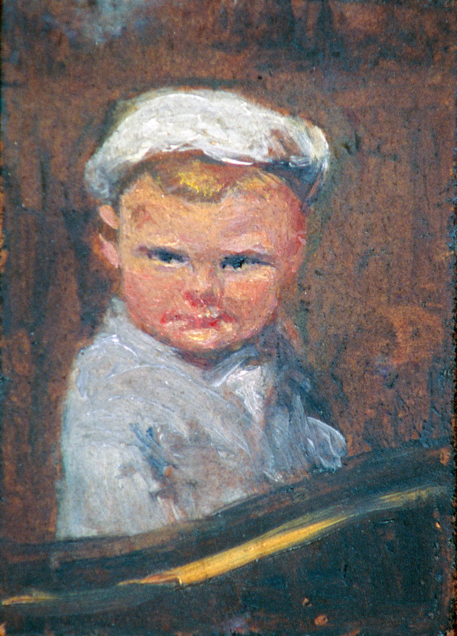 Nicolas (miniature), 1 7/8" x 2 5/8"  GMT 010. 1951? Nicolas at age 2. There is an accompanying miniature easel, made by Harvey Thorne.