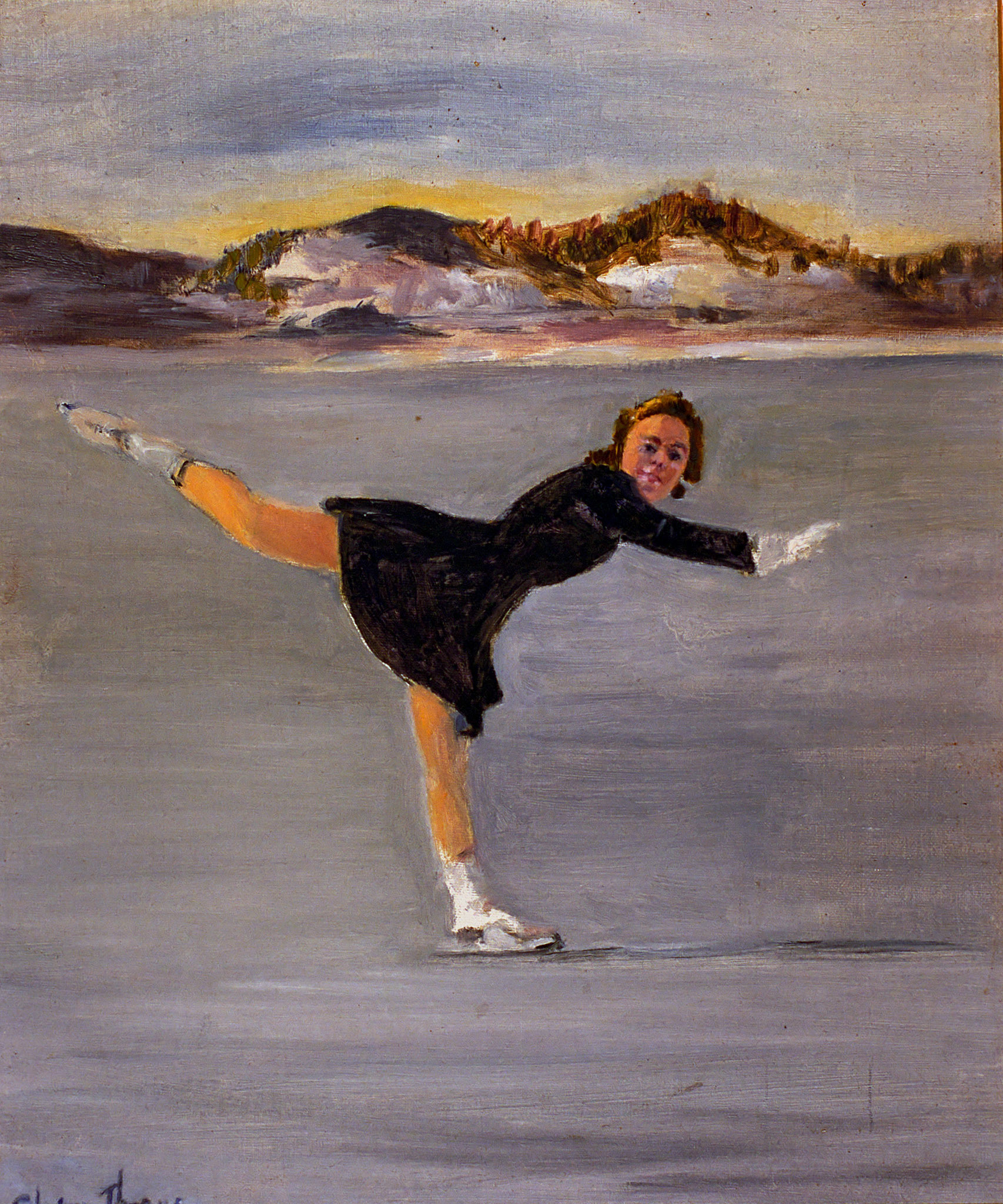 Mary On Ice, 10" x 12" GMT 016. 1943? On Dartmouth lakes? Or at Waegwaltic Club (different background) ?