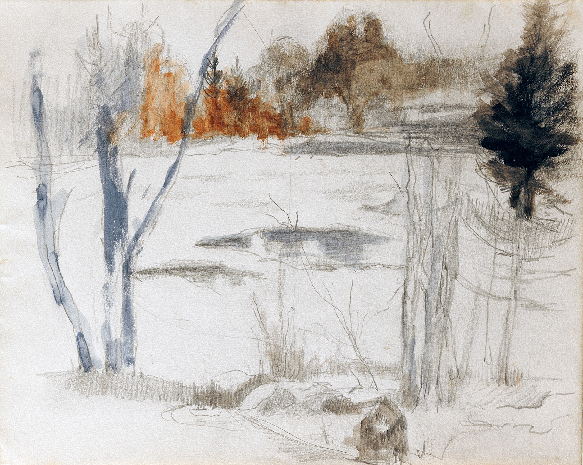 Beaver Site In Winter (incomplete), 13 1/2" x 11" GMT 065. See same subject in Oil - GMT 005.