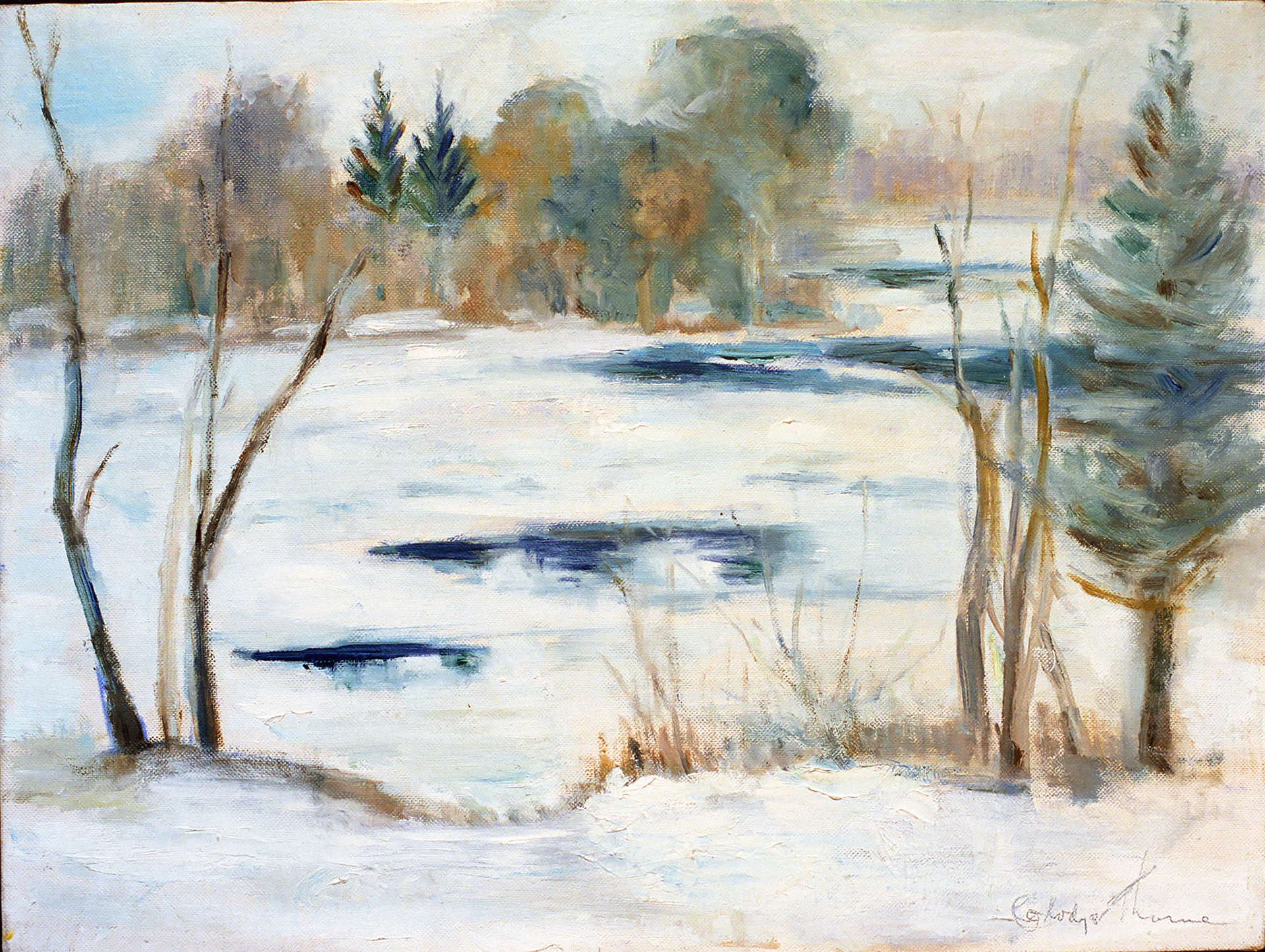 Beaver Site In Winter, 16" x 12" GMT 005. View from the second cottage towards the site of the Beaver Lodge in pastel (GMT 004) and watercolour (GMT 065).